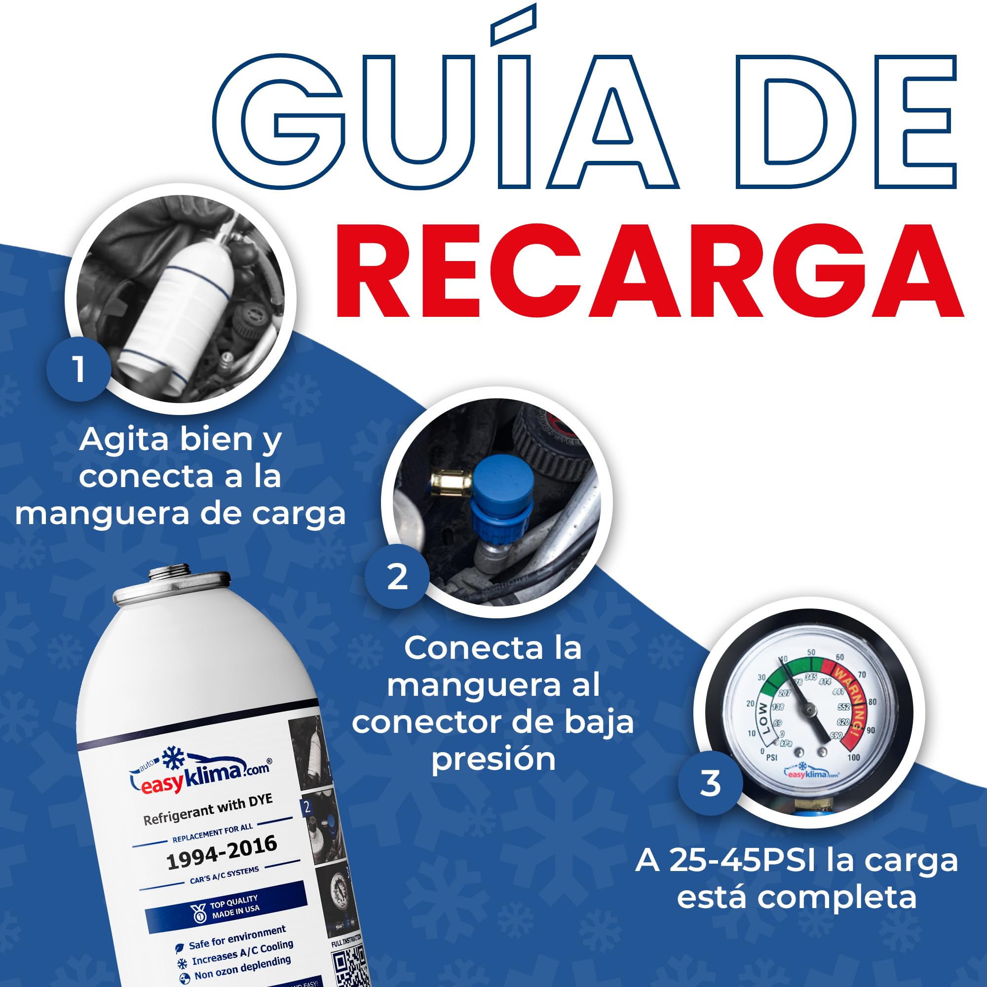 Kit EasyKlima® 3 en 1 con doble refrigerante R134a y manguera con manómetro. Rellena tú mismo el sistema de aire acondicionado de tu coche con gas adicional, para modelos de 1994 a 2016.