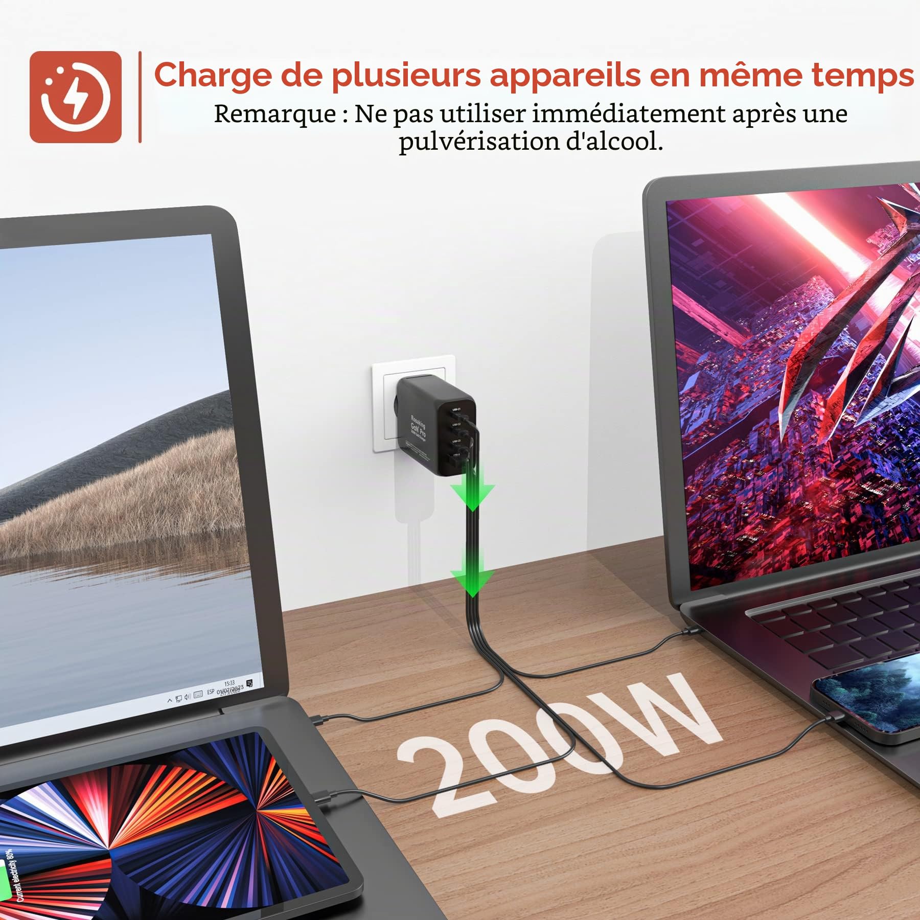 Rosaking Chargeur USB C 200W, Chargeur Rapide GaN III Tech, Chargeur Rapide USB C 4 Ports pour MacBook Air, Chargeur Compatible avec Samsung Galaxy Book