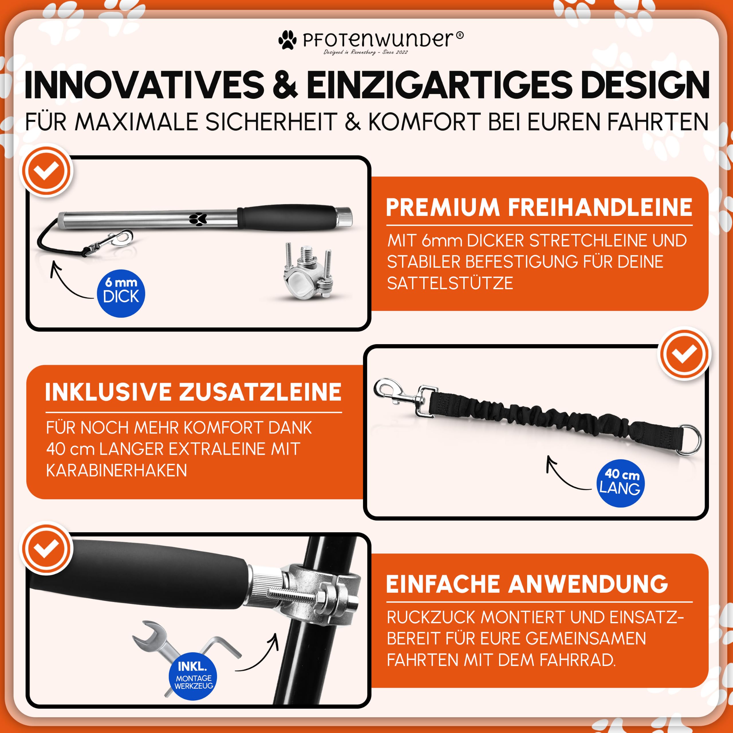 PFOTENWUNDER® Hunde-Fahrradleine + 1 elastische Hundeleine & 1 Trainingsbuch, extra Dicke 6mm-Leine | Abstandhalter Fahrradhalter aus hochwertigem Edelstahl mit Stoßdämpfern