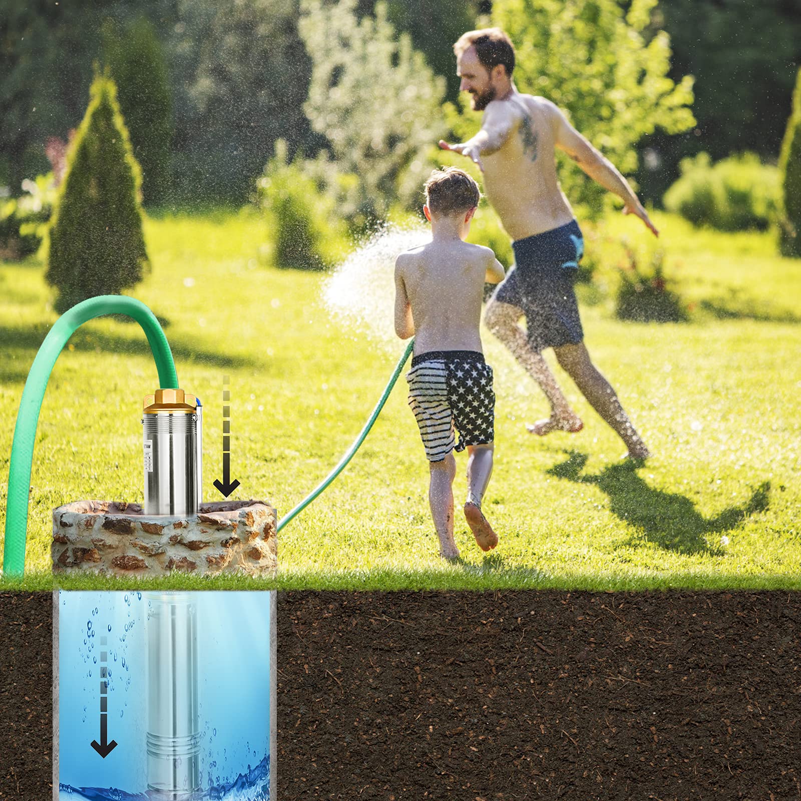 UISEBRT Pompa sommersa per fontane 4 pollici 1,1KW- pompa in acciaio inox per pozzi con portata di 4.000 l/h resistente alla sabbia con filtro antisporco, per irrigazione da giardino o uso domestico