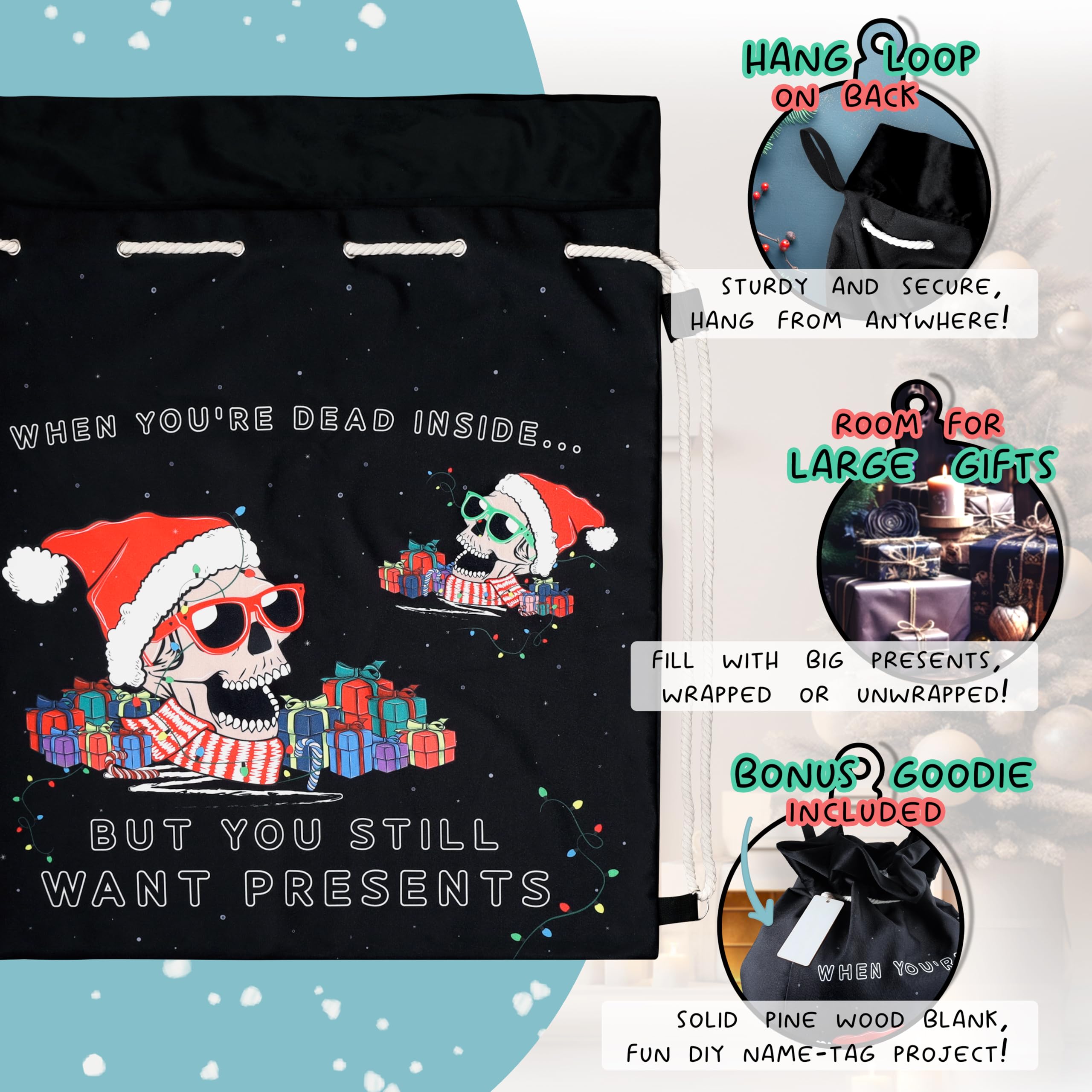 Saco de Papá Noel negro, divertidas cabezas de esqueleto de calavera, lona de algodón, ribete de terciopelo negro, bolsa de Navidad gótica, paquete de hombro de Navidad de lujo, tamaño grande, 30 x 24