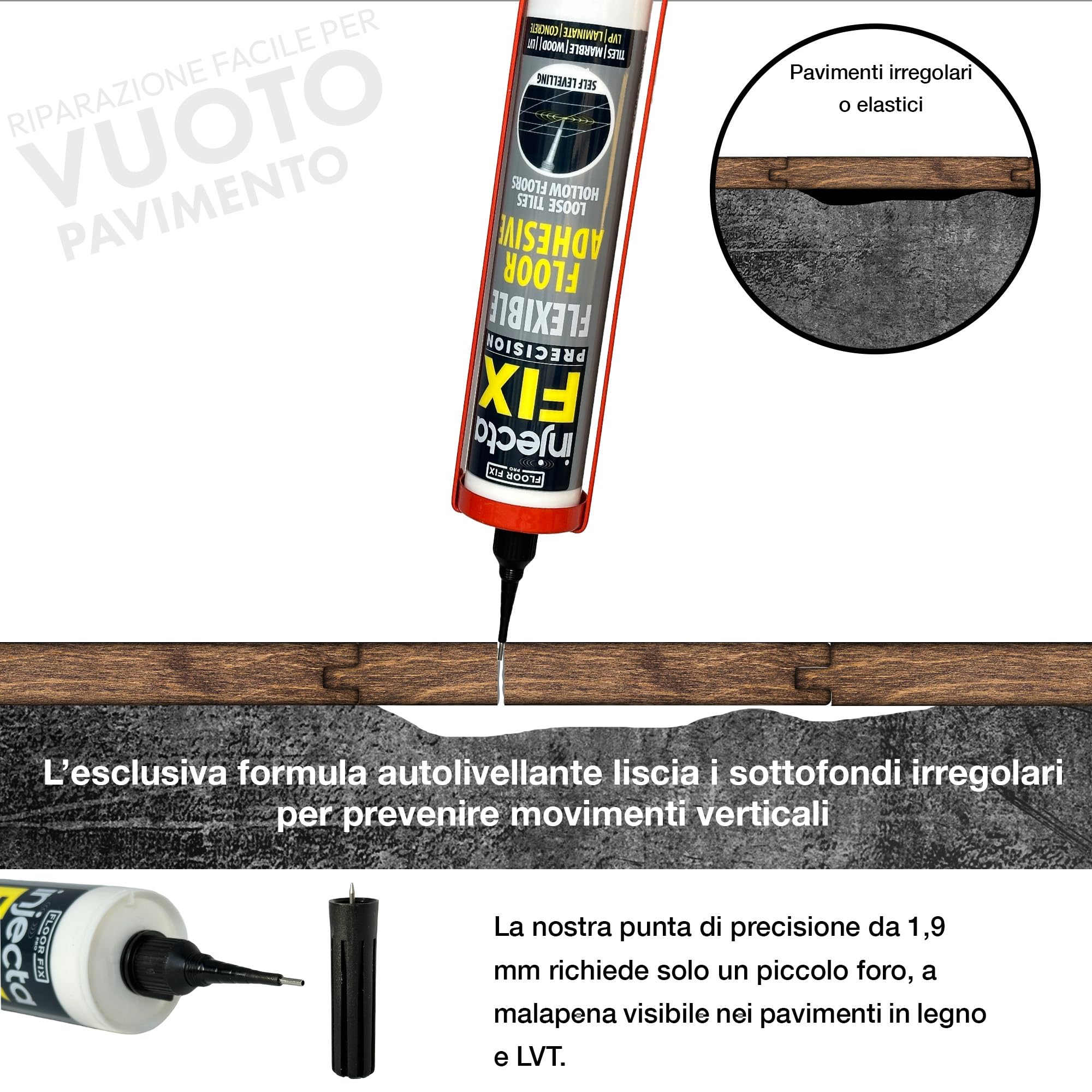 Injectafix 300ml | Ripara Piastrelle Senza Rimuoverle | Punta Iniezione 2mm per Fughe Strette | Adesivo Invisibile per Pavimenti Stabili, Copolimero Modificato