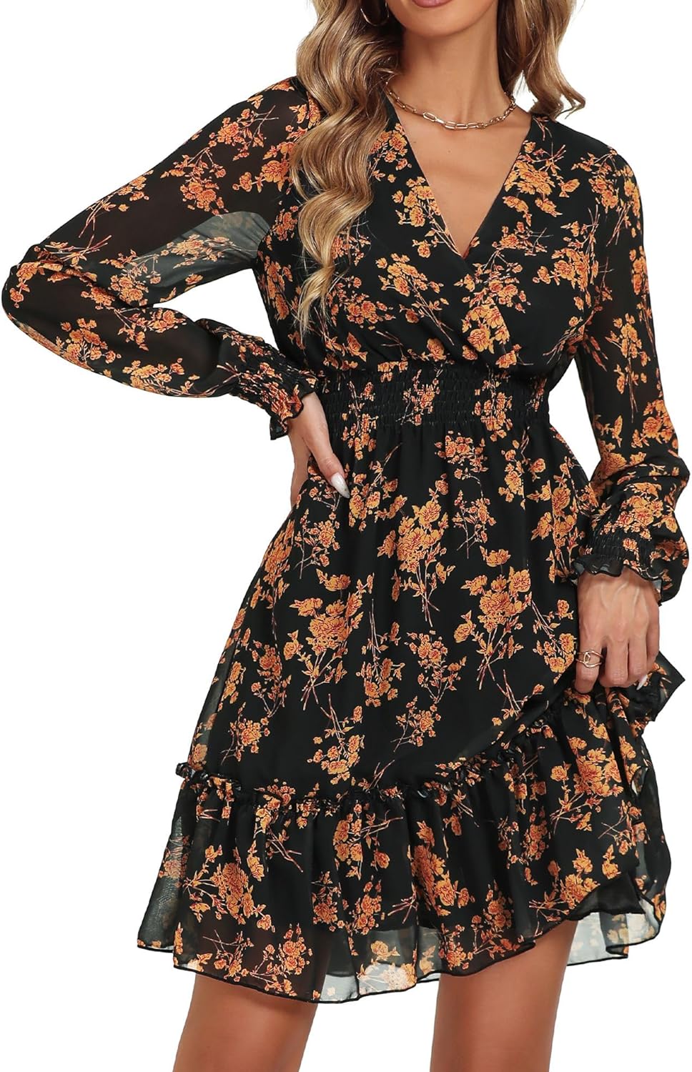 Prettywear Women's Floral Chiffon Long Sleeve Mini Dress Flowy A-Line Wrap Neck Tie Back Short Dress