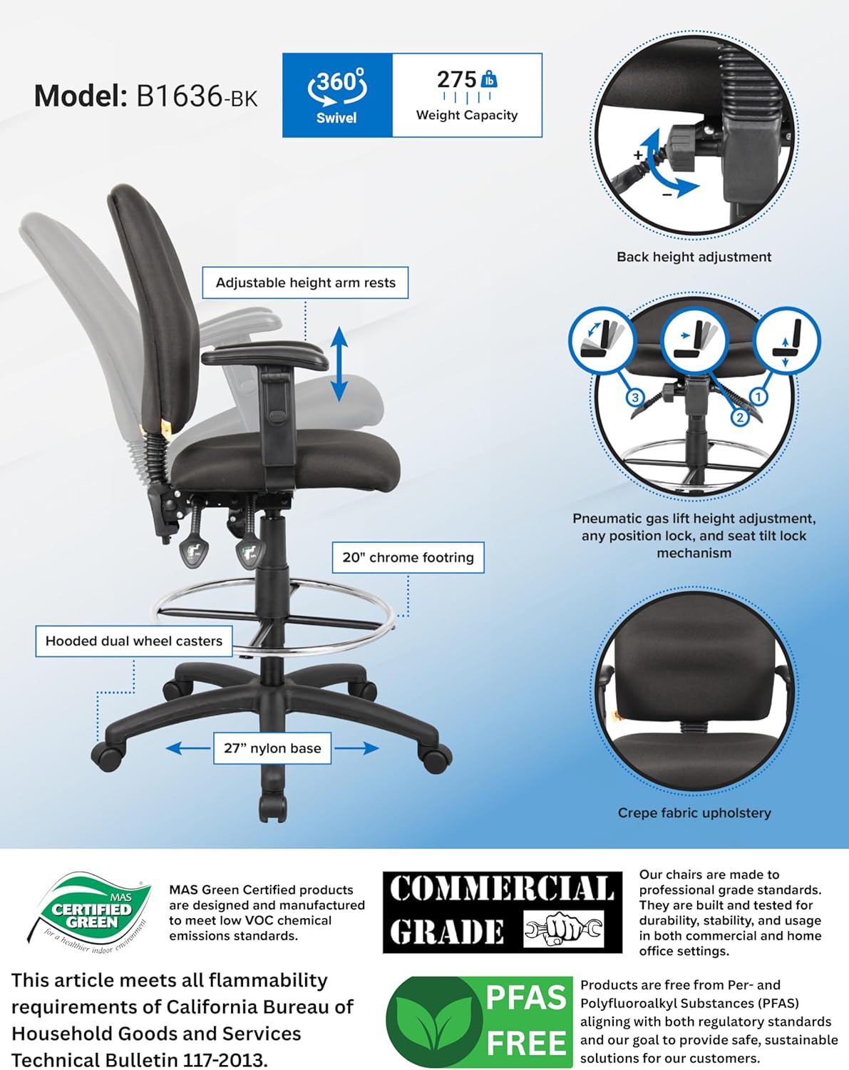 BOSS Office Products Multi-Function Fabric Drafting Stool with Adjustable Arms in Black