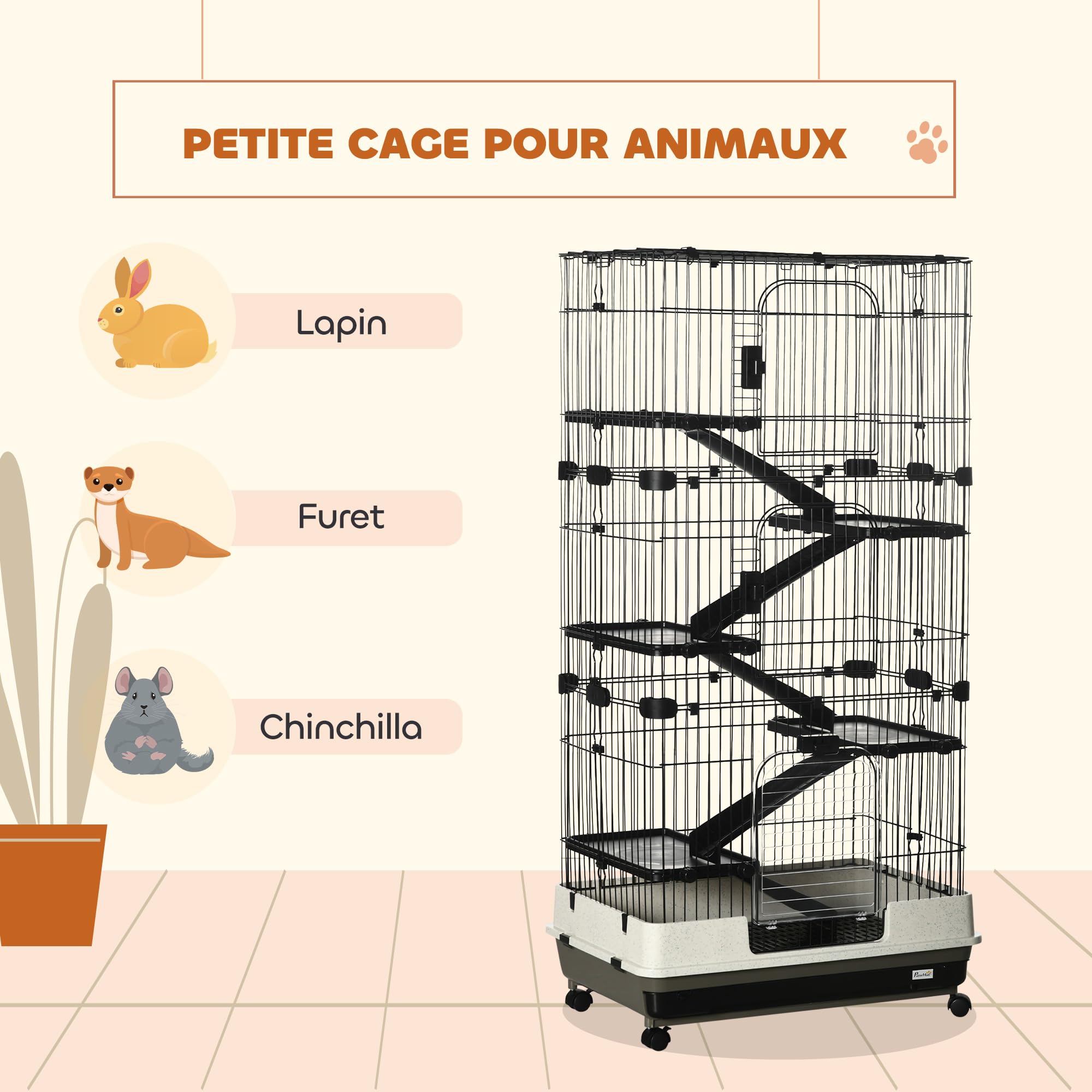 PawHut Grande Cage Enclos Lapin à 5 Niveaux 3 Portes 81 x 52,5 x 159 cm
