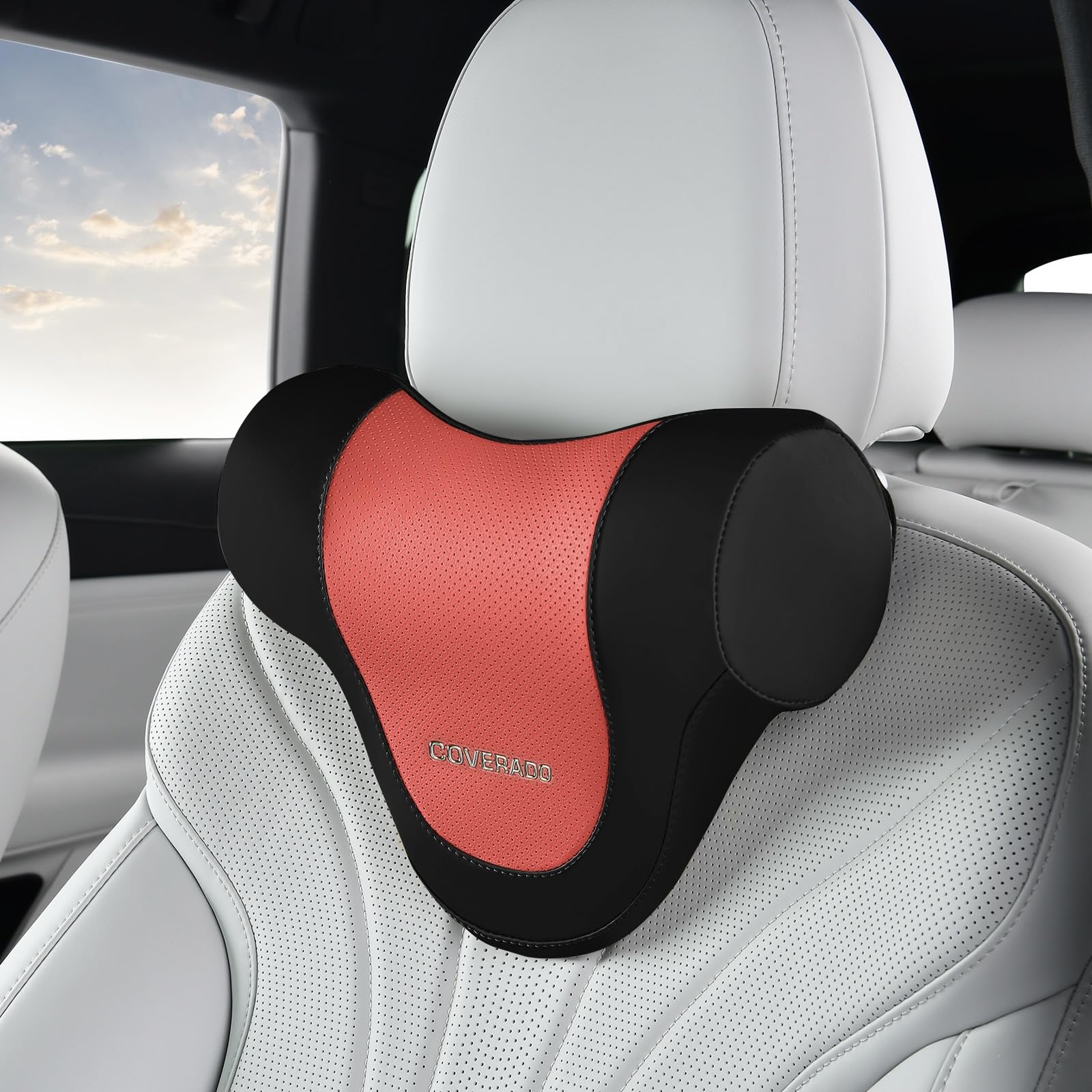 Coverado Car Headrest Pillow Ergonomic Memory Foam Car Neck Pillow for Driving Seat with Adjustable Strap Soft PU