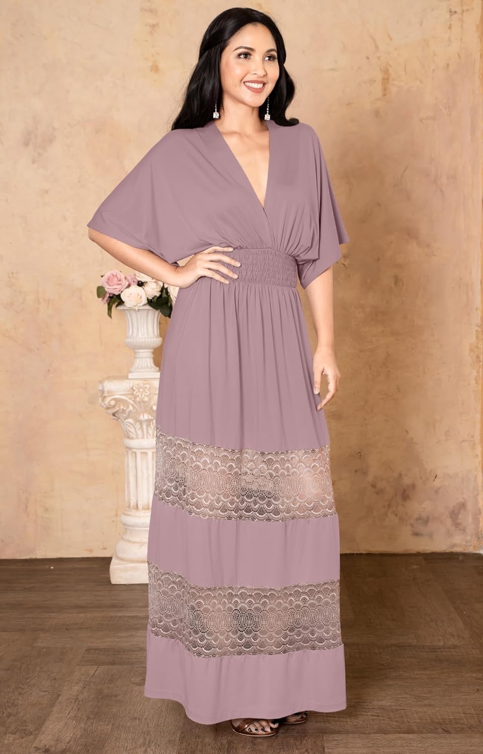 KOH KOH Womens 2026 Sexy Summer V-Neck Half Sleeve Layered Lace Maxi Dress - Image 2