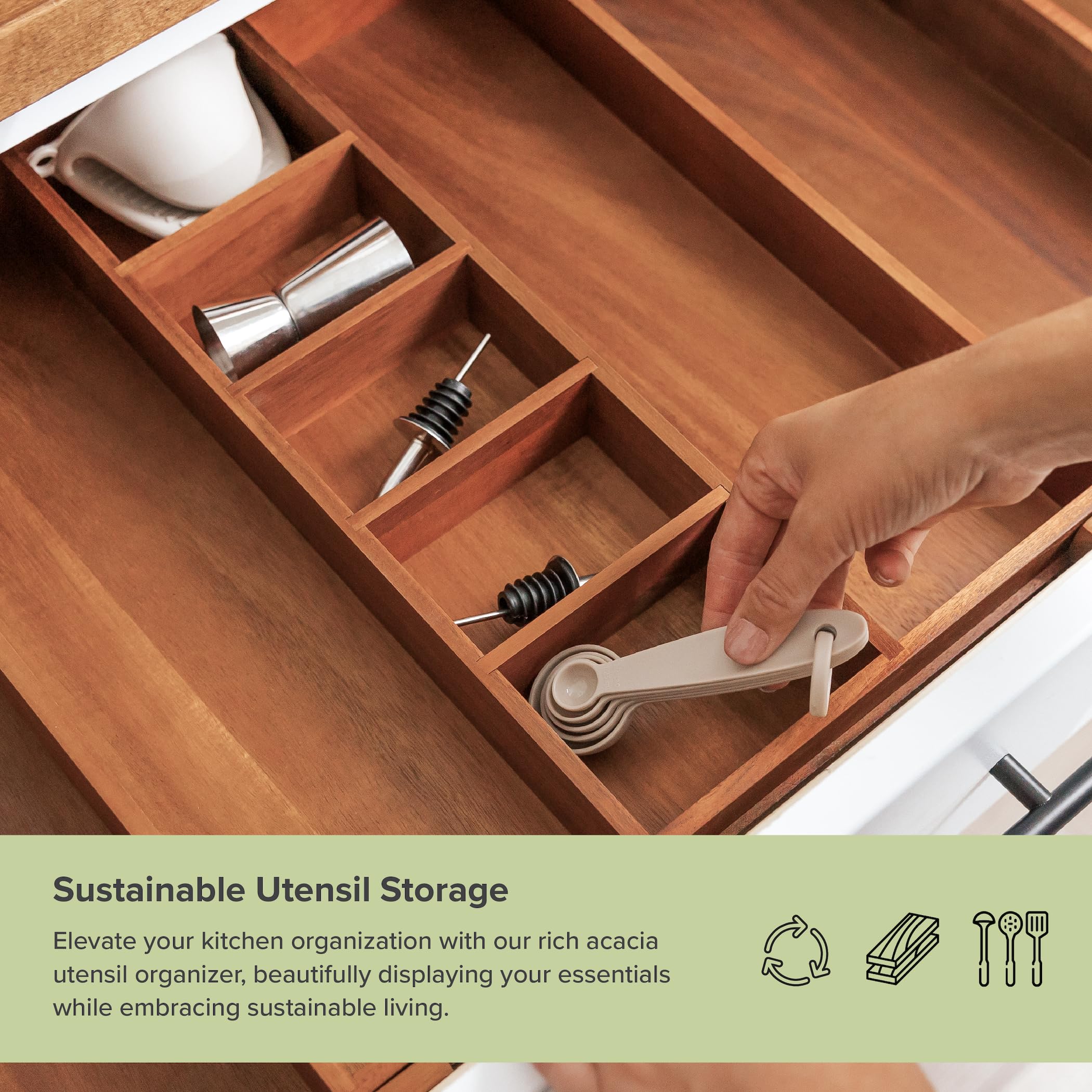 KitchenEdge Regulowany organizer do szuflad kuchennych na przybory i odpady, wysuwany od 40 do 71 cm szerokości, 9 przegródek, bezpieczny dla żywności, 100% akacji, z szeroką gamą szuflad.
