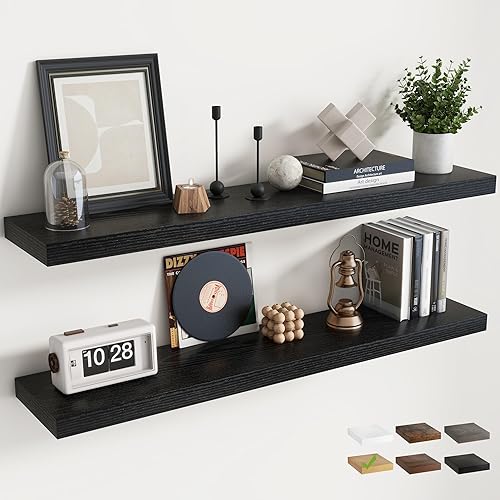 Vista 13 de Juego de 2 estantes flotantes de 36 pulgadas para pared, estantes de baño de grano de madera de 8 pulgadas de profundidad con soportes invisibles