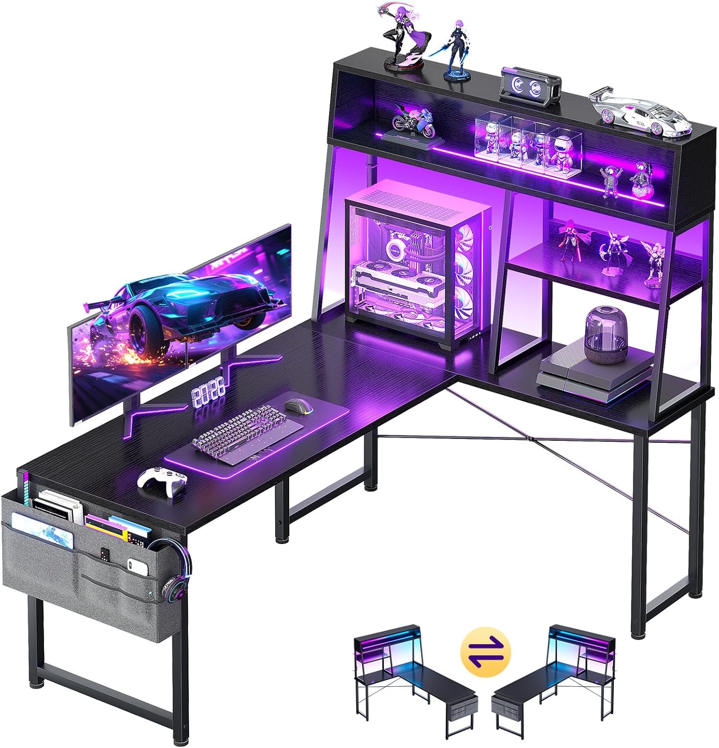 AODK 51" L-Shaped Gaming Desk with LED Lights, Reversible PC Desk, Display Shelves & Storage Bag - Black
