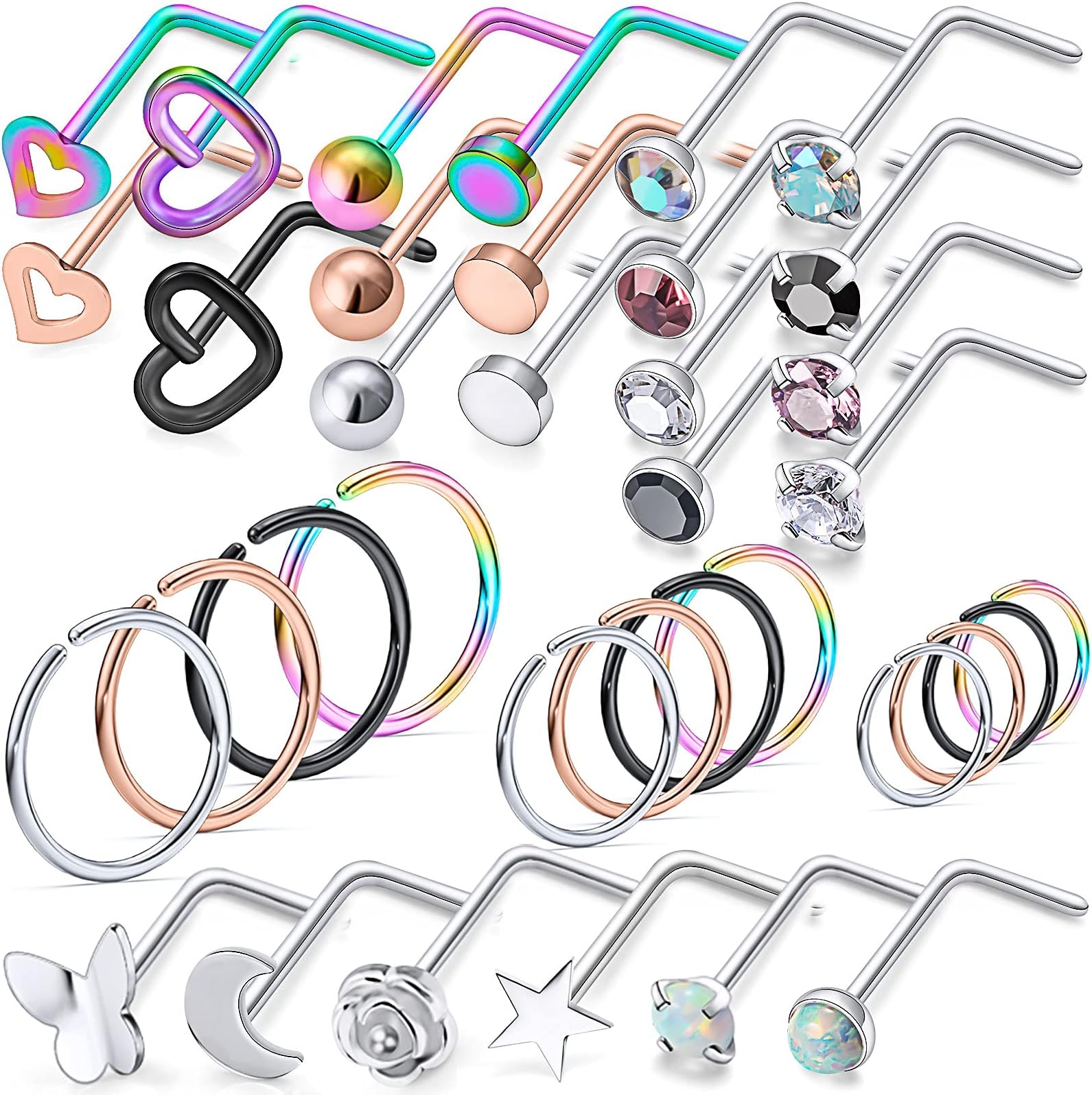LeiainelyLeiainely 20/18G l Shaped Nose Rings Studs 8-12mm Nostril Hoops Piercings Jewelry for Women Men Surgical Steel Hypoallergenic Aretes Para La Nariz 36pcs
