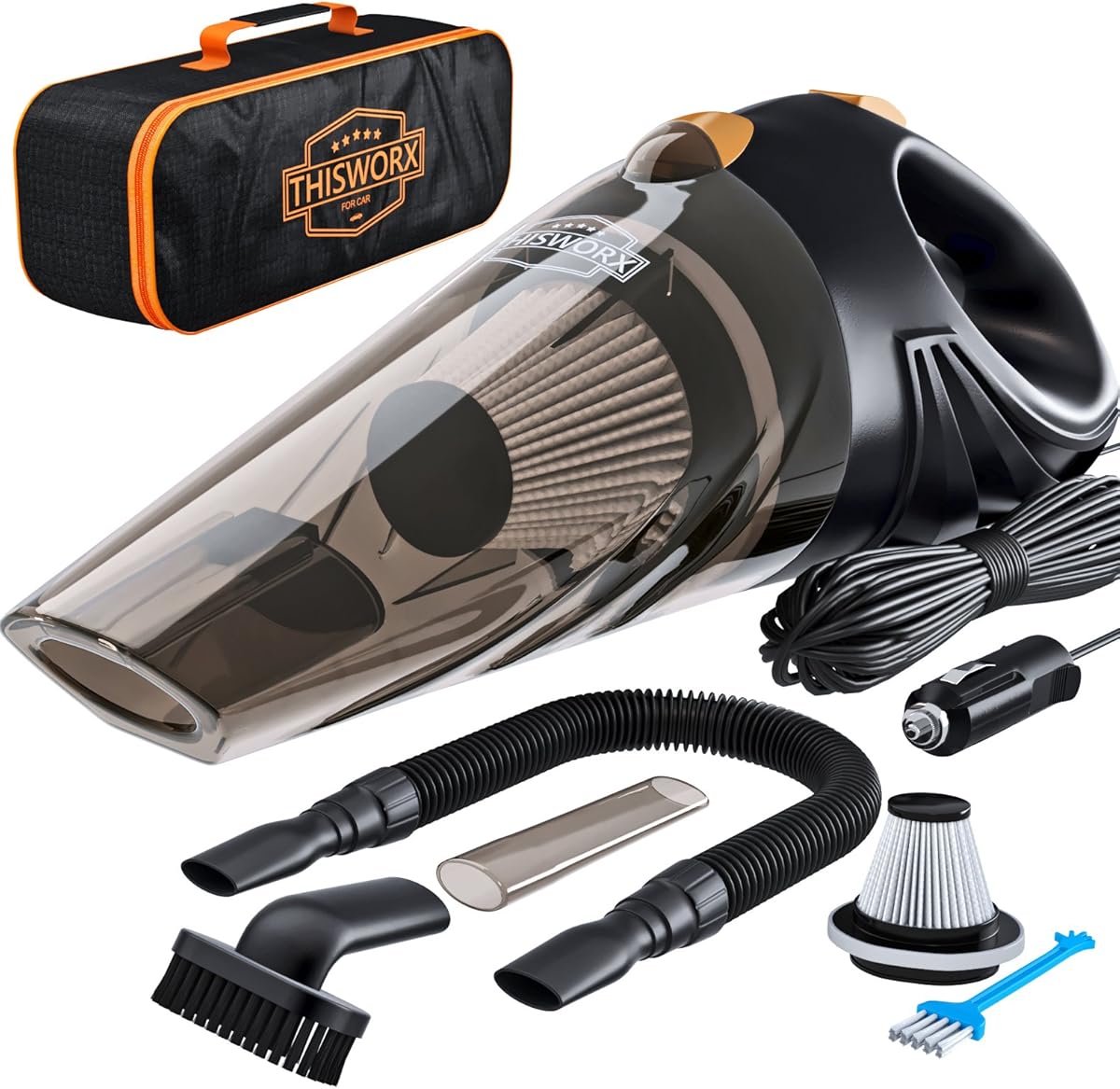THISWORX Car Vacuum Cleaner - Portable, High Power, Handheld Vacuums w/ 3 Attachments, 16 Ft Cord & Bag - 12v, Auto Accessories Kit for Interior Detailing - Black