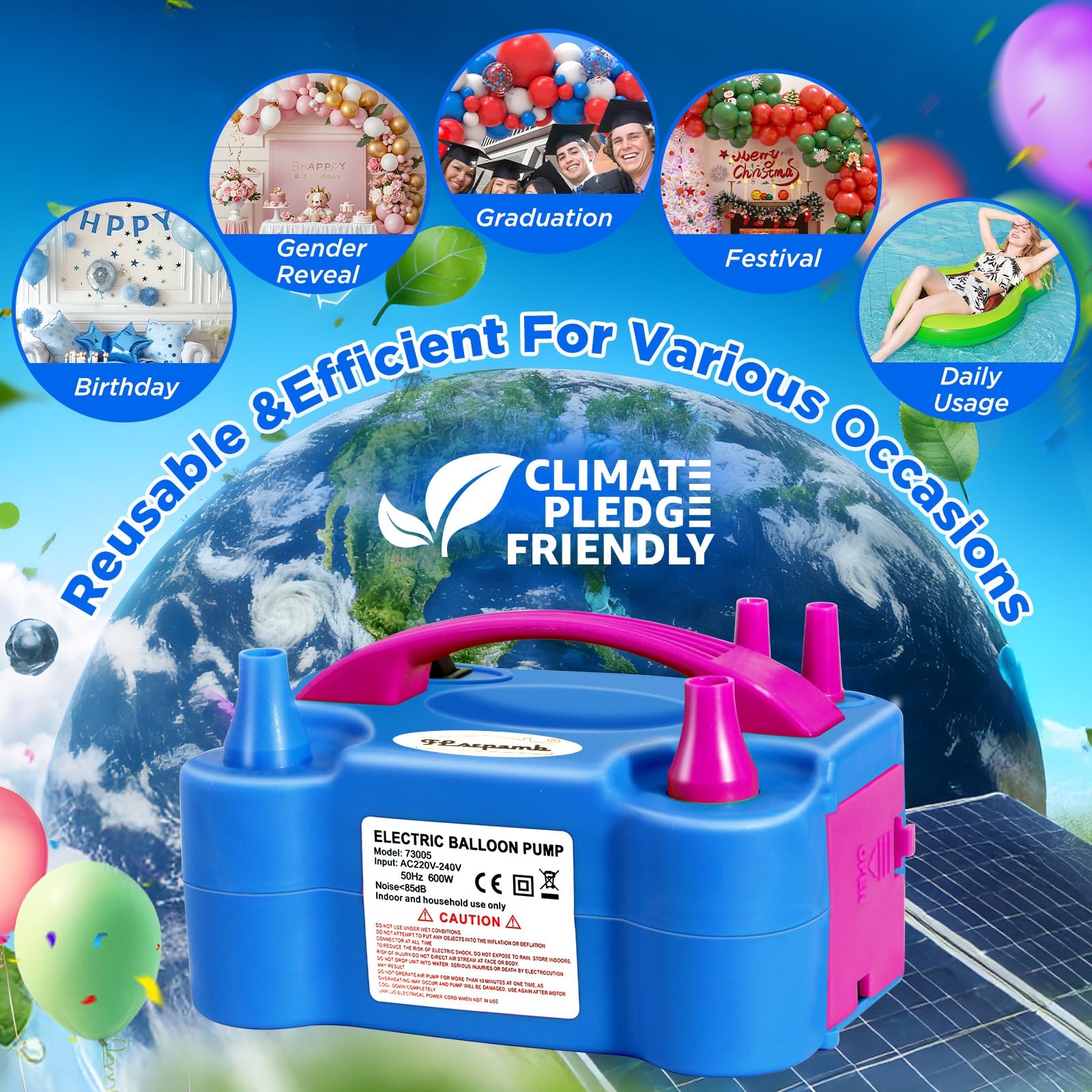 FLSEPAMB Pompe à Ballons électrique 600W, Gonfleur Ballon Electrique Portable avec Plusieurs Buses, 2 Modes Pompe Ballon Anniversaire pour Les Décorations, Mariages et Fêtes