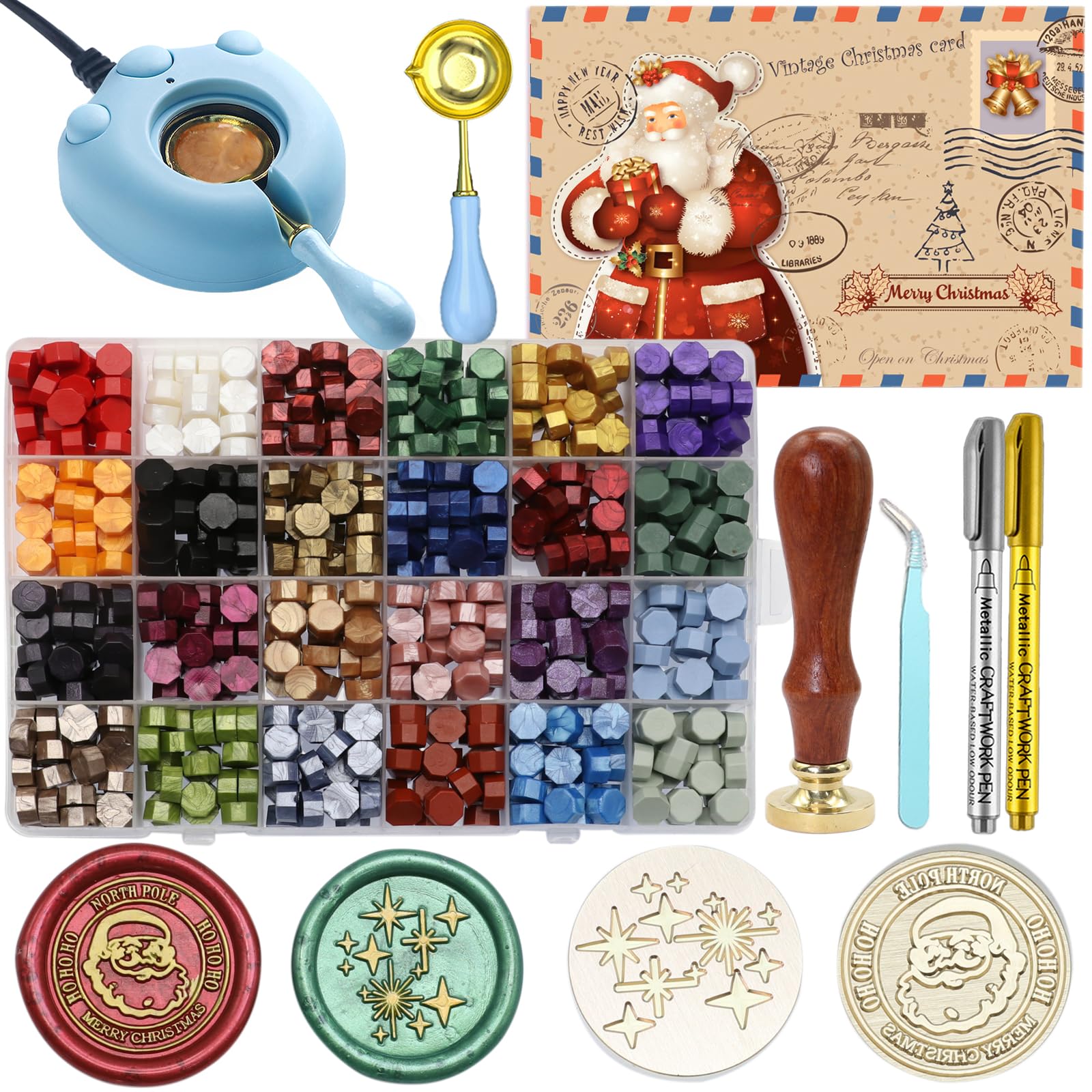 Weihnachtswachssiegel-Set, Weihnachtsmann und Sternstempel mit Perlen in 24 Farben, 600 Stück, elektrischer Wärmer, Löffel, Metallstifte, Karte und Umschlag zum Versiegeln von Briefen