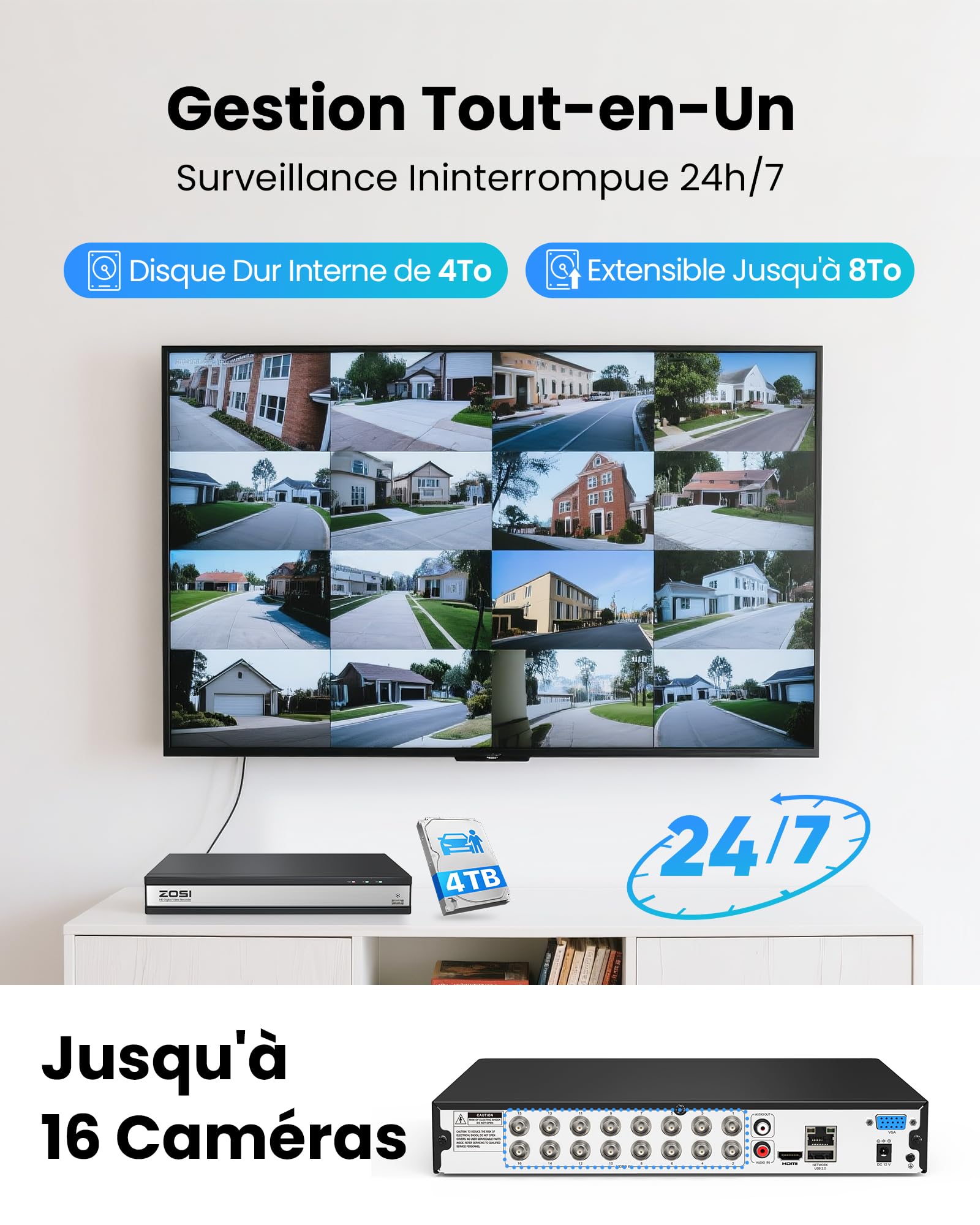 ZOSI 16CH 4-en-1 1080P DVR Enregistreur Vidéo Numérique 4TB HDD Intégré | Détection de Véhicule et de Personne, Notification Push Instantanée, Enregistrement 24/7