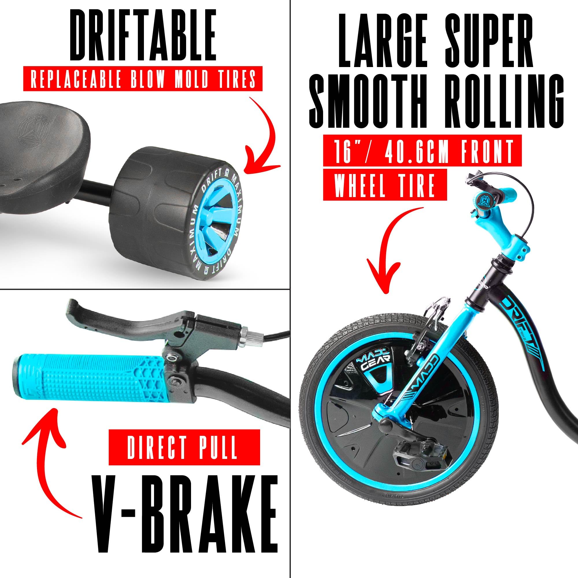 Drift Trike para niños a partir de 5 a 16 pulgadas con rueda grande con asiento ajustable, marco de acero, ruedas traseras y bandera de seguridad, Madd Gear (negro azul)