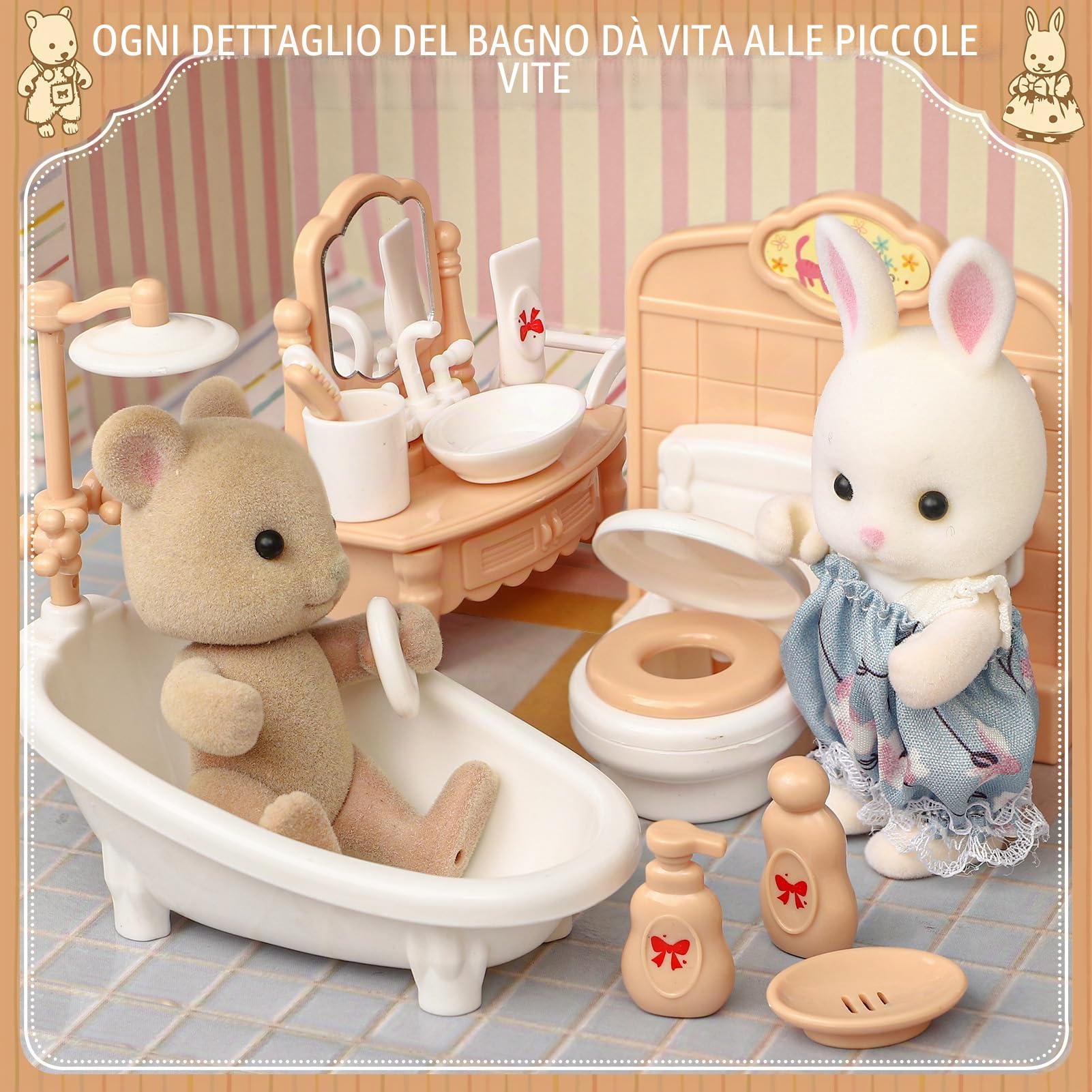 Casa delle Bambole Valigetta con Mobili Miniatura, Accessori Fai-da-Te e 2 Bambole Flessibili – Camera da Letto e Bagno – Gioco di Ruolo, Regalo di Compleanno o Natale per Bambini e Bambine 3+