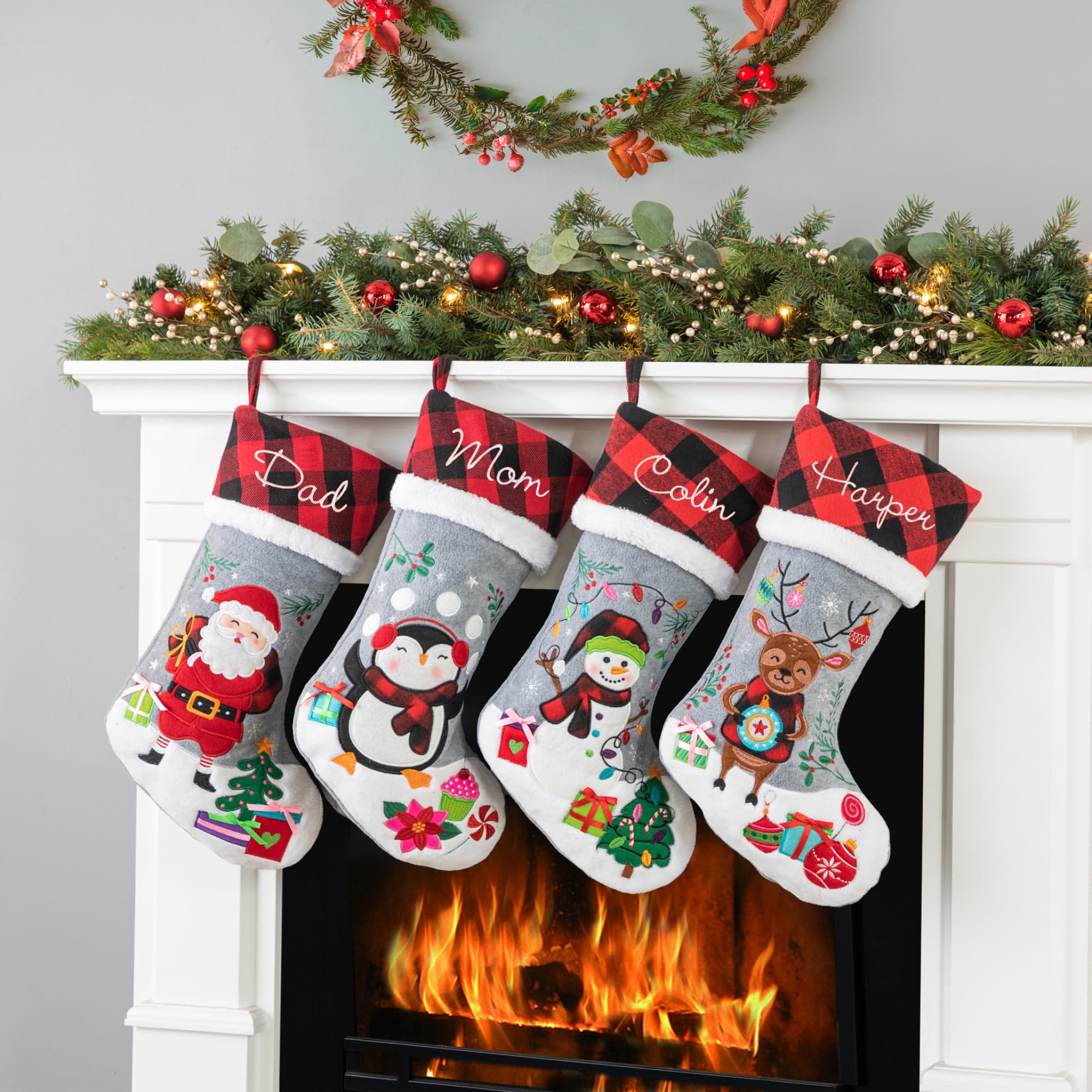Personalized Planet Holiday Snowman Christmas Stocking with Custom Name Embroidery | Buffalo Plaid Cuff with Xmas Lights and Snowflake Details | Fun Festive Christmas Home Décor | Ready to Hang