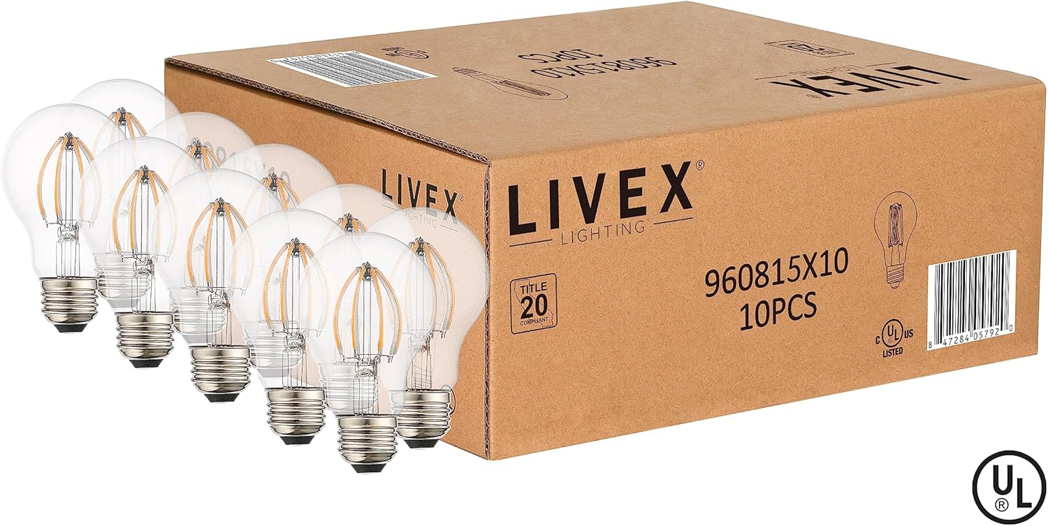 Livex Lighting 960815X10 Filament LED Light Bulb, Pear Shape, Soft White, 3000K Lumens, Dimmable, 90 CRI, 10-Pack