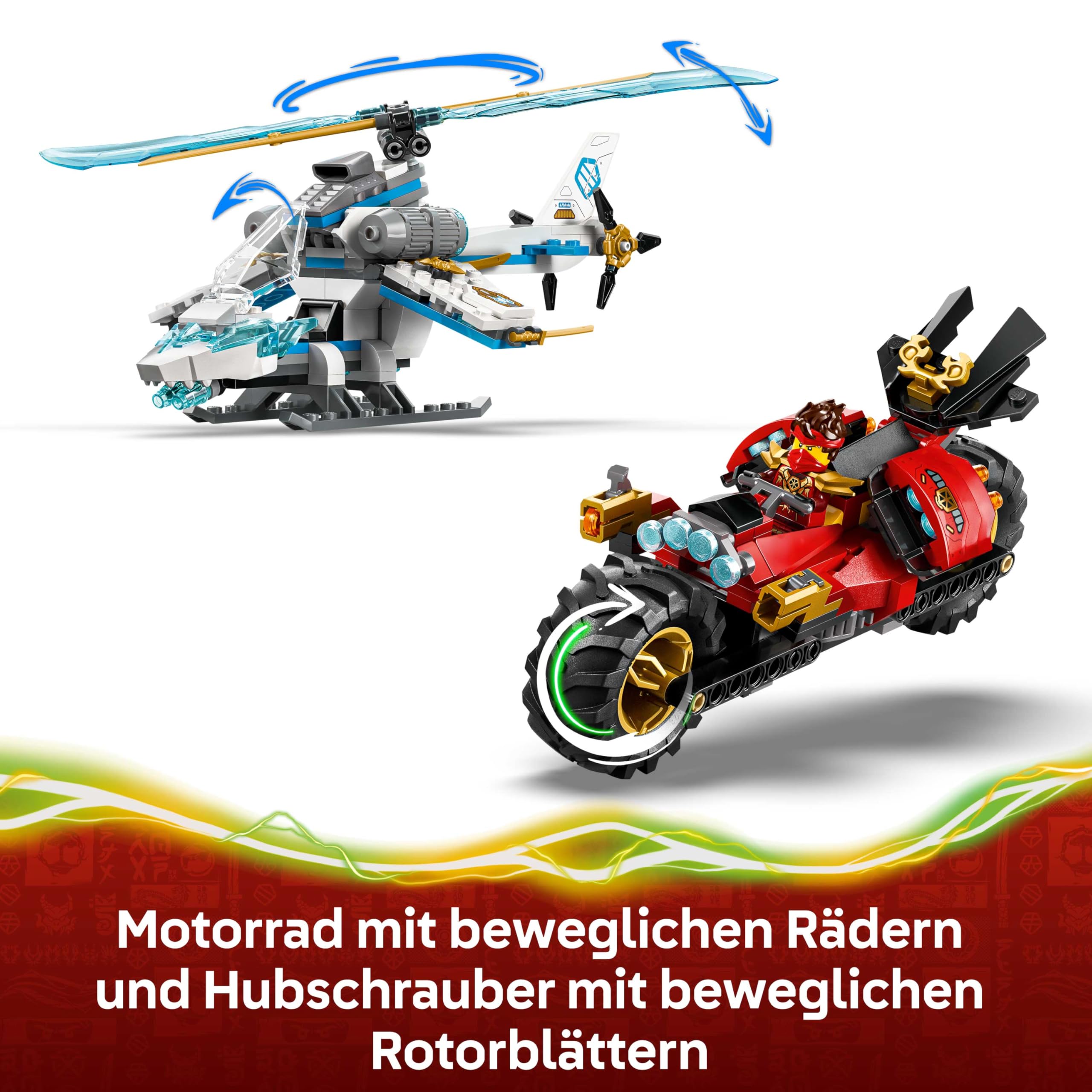 LEGO NINJAGO Showdown am Baumhaus mit dem Ninja-Bike - Action Spielzeug mit Motorrad, Hubschrauber, 6 Minifiguren und Schwertern - Geschenk für Jungen ab 7 Jahren und Fans - 71857