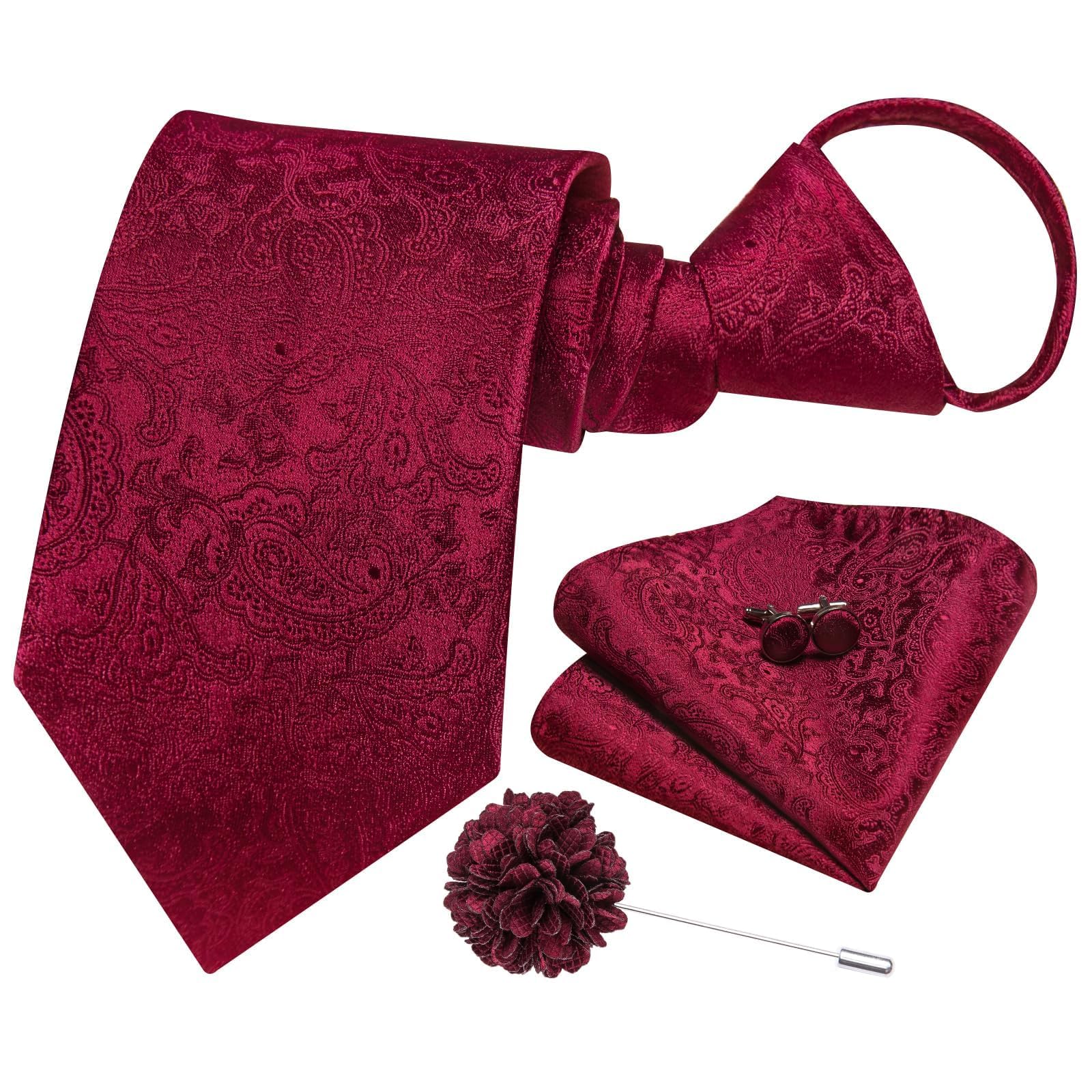 Hi-Tie Red Paisley Silk Zipper Tie For Men Adjustable Pre-tied Necktie Pocket Square Cufflinks Lapel Pin Set For Wedding Gift