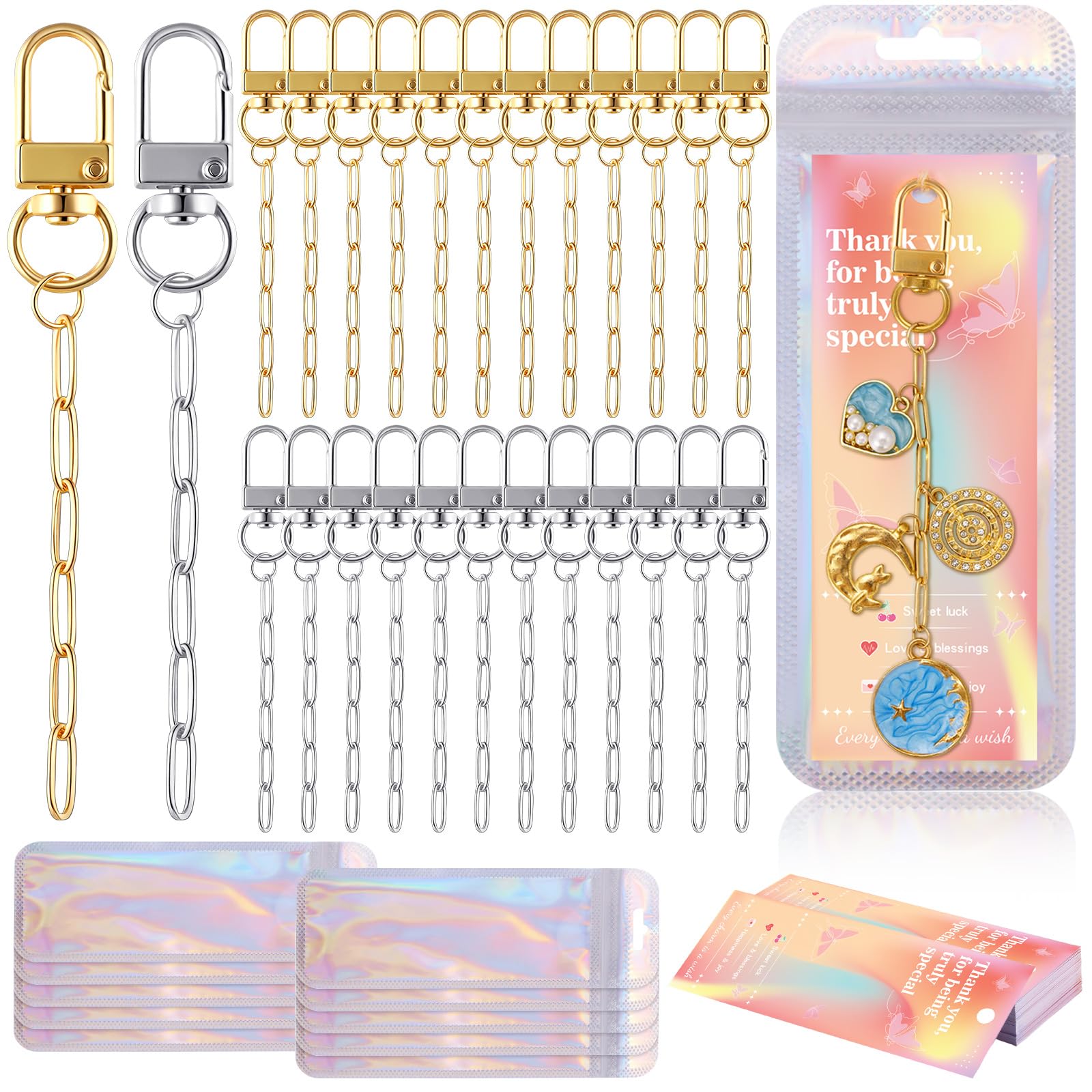 Wurosi 24pcs Paperclip Keychain Making Kit,Key Ring Swivel Snap Hook Chains