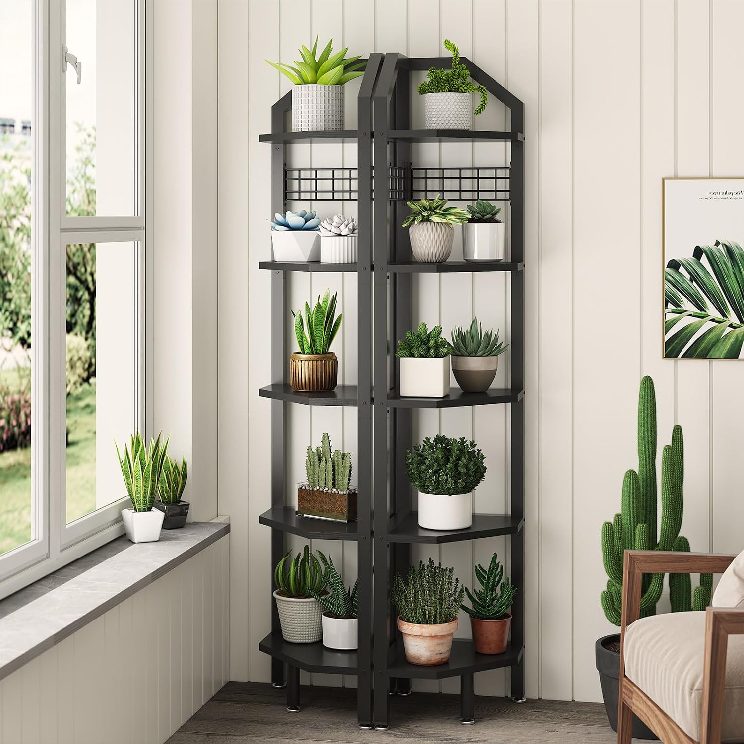YMYNY Corner Shelf Stand, 5-Tier Wall Corner Bookcase, Corner Ladder Shelf, Metal Frame, Display Shelf with Wire Grid, S Hooks, Multi Tall Shelf for Living Room, Office, Small Space, Black UHBR006B