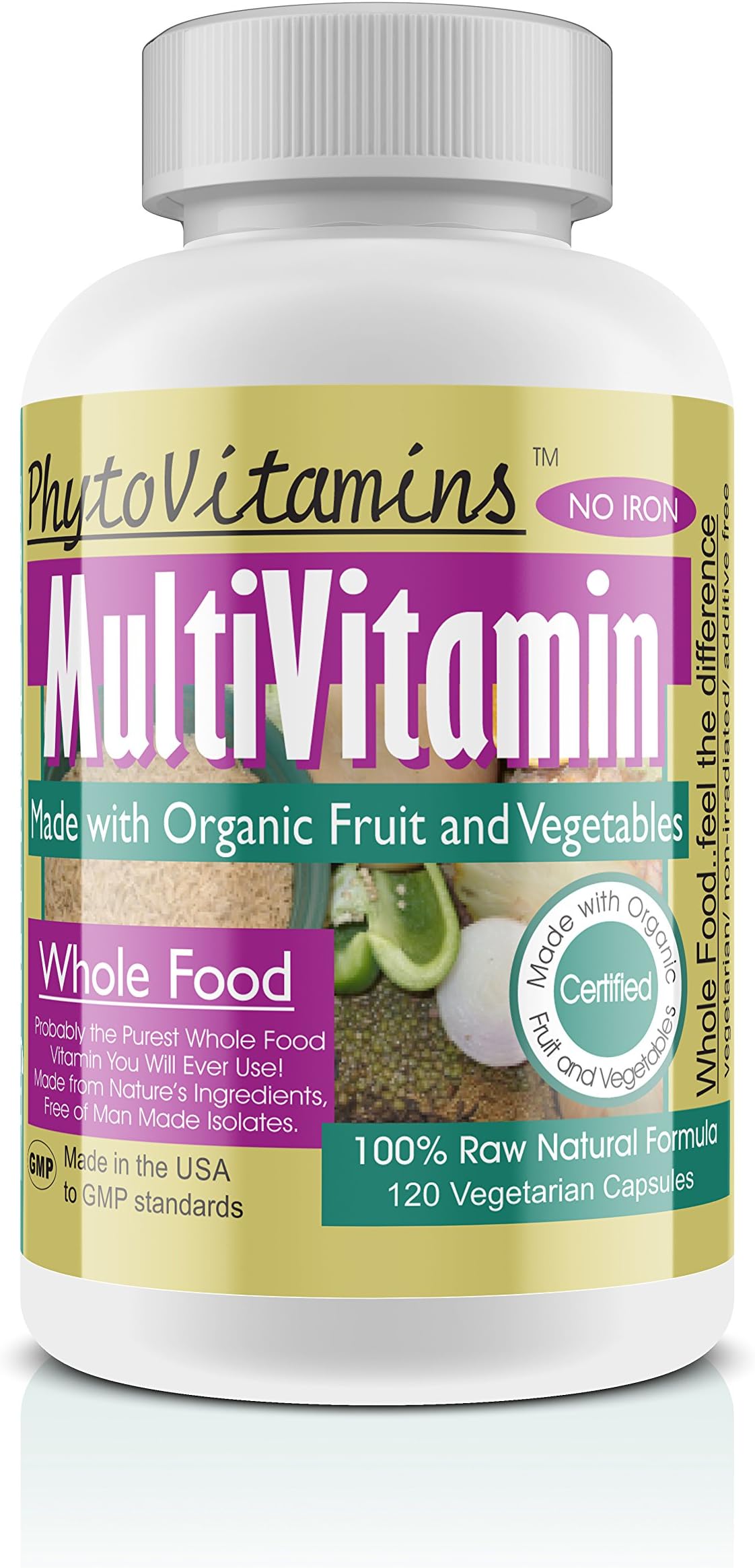 Organic Whole Food Iron Free(No Iron) MultiVitamin by PhytoVitamins; 120-Count Vegetarian Capsules
