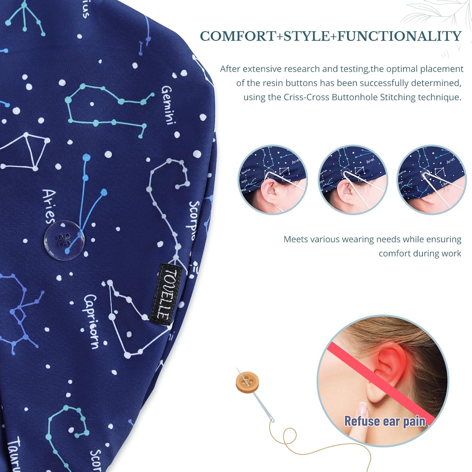 Constellation Double-Sided Printed Scrub Caps for Men and Women with Buttons, Adjustable Helps Reduce Static Buildup Medical Hats, Classic and Breathable Surgical Caps with Sweatband for Long Hours - Image 6