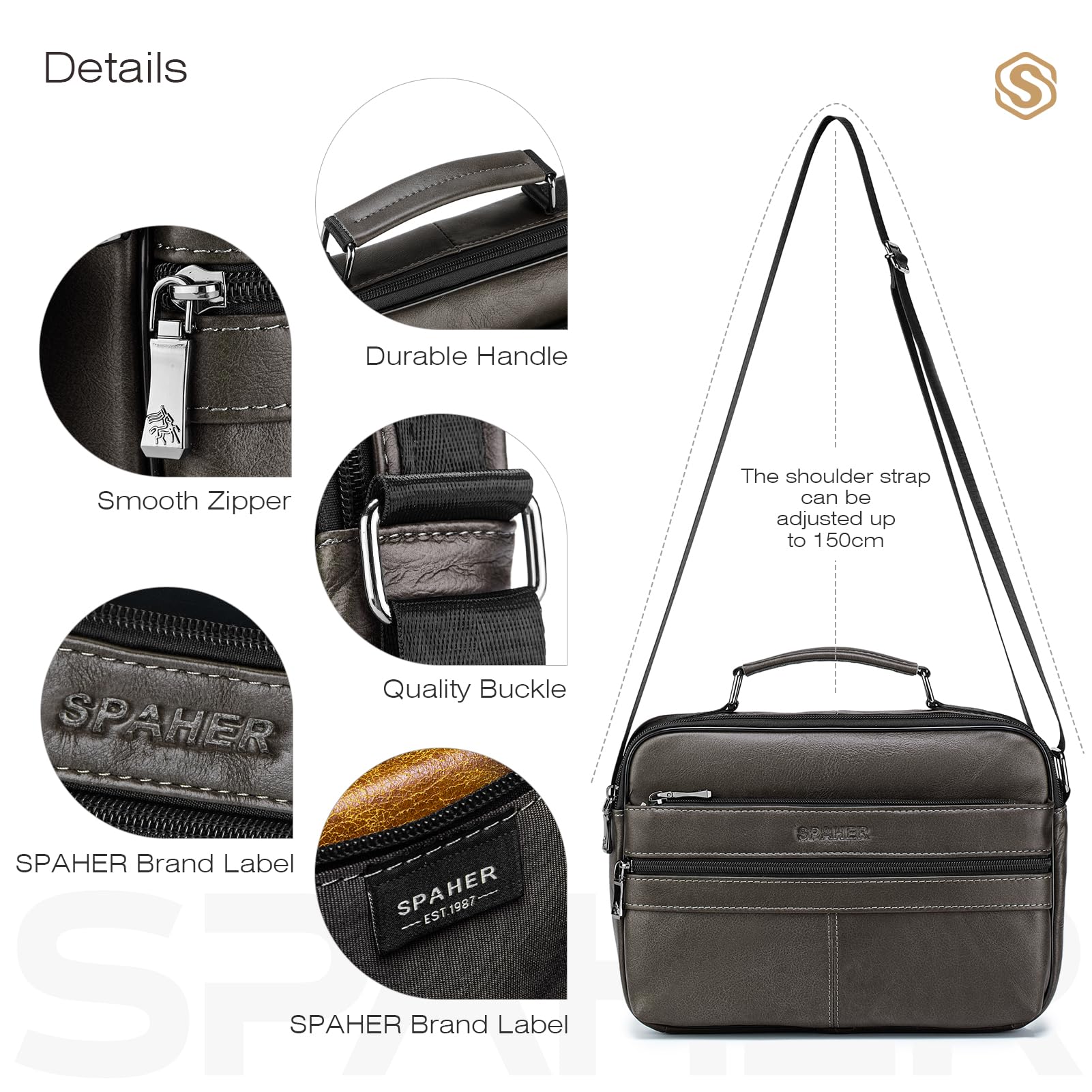 SPAHER Borsello Uomo Tracolla Pelle Grande Borsello per Ipad 11 Pollici Borsa Tracolla Impermeabile Borsetta Marsupio Uomo Multitasche per Quotidiano Lavoro Messenger Crossbody Sling Bag, Grigio
