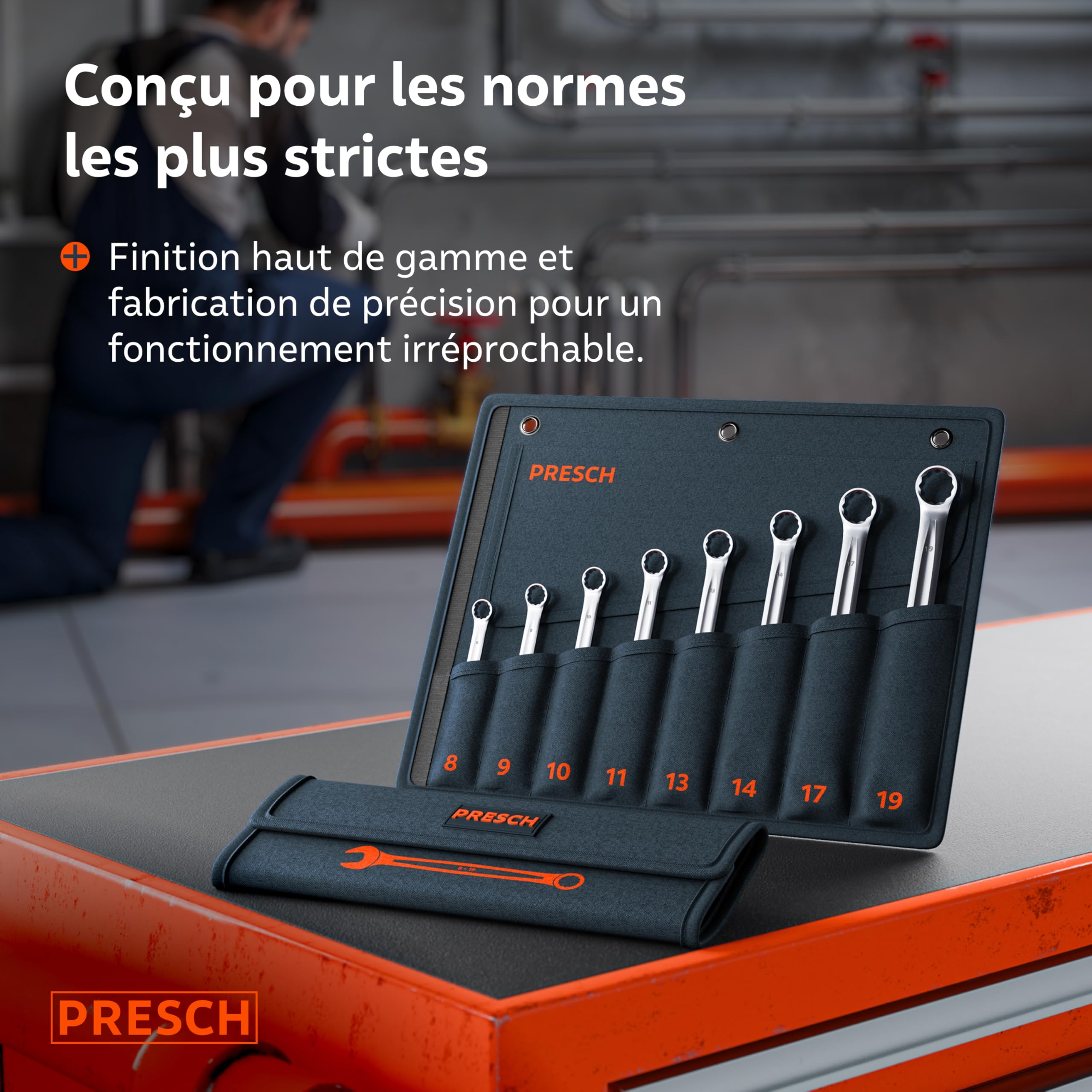 PRESCH Clés plates 8 pcs. avec sacoche (8-19 mm) - Jeu de Clé plate - Usinées de précision et ultra-durables - Angle de 15° pour travailler dans les espaces confinés