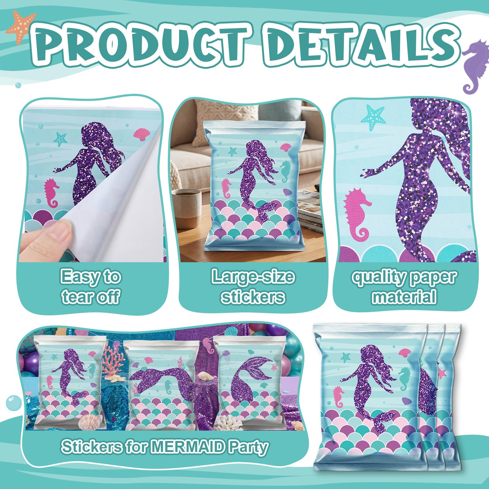 Marspark 36 Pcs Large Size Mermaid Birthday Stickers for Chip Bag 3 Style Mermaid Sticker Party Supplies for Ocean Under the Sea Birthday Snack Goodie Bags Gifts and Decorations, 4 x 3.5 Inches