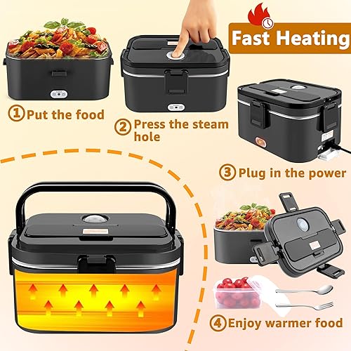 Miniatura 7 de Nifogo Fiambrera eléctrica para adultos de 80 W, 1.8 L, lonchera térmica más rápida para hombres, lonchera eléctrica portátil, calentador de