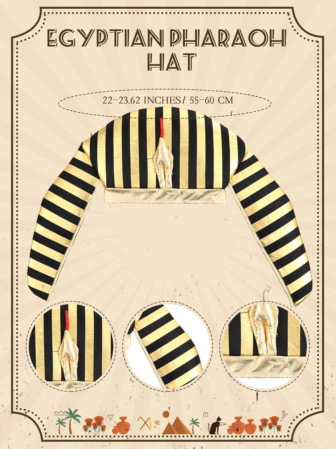 Ramede 5 Pcs Men Egyptian Pharaoh Costume Set Included Hat Headpiece Cuffs Pharaoh Cane Belt Collar for Halloween Cosplay(Classic) - Image 2