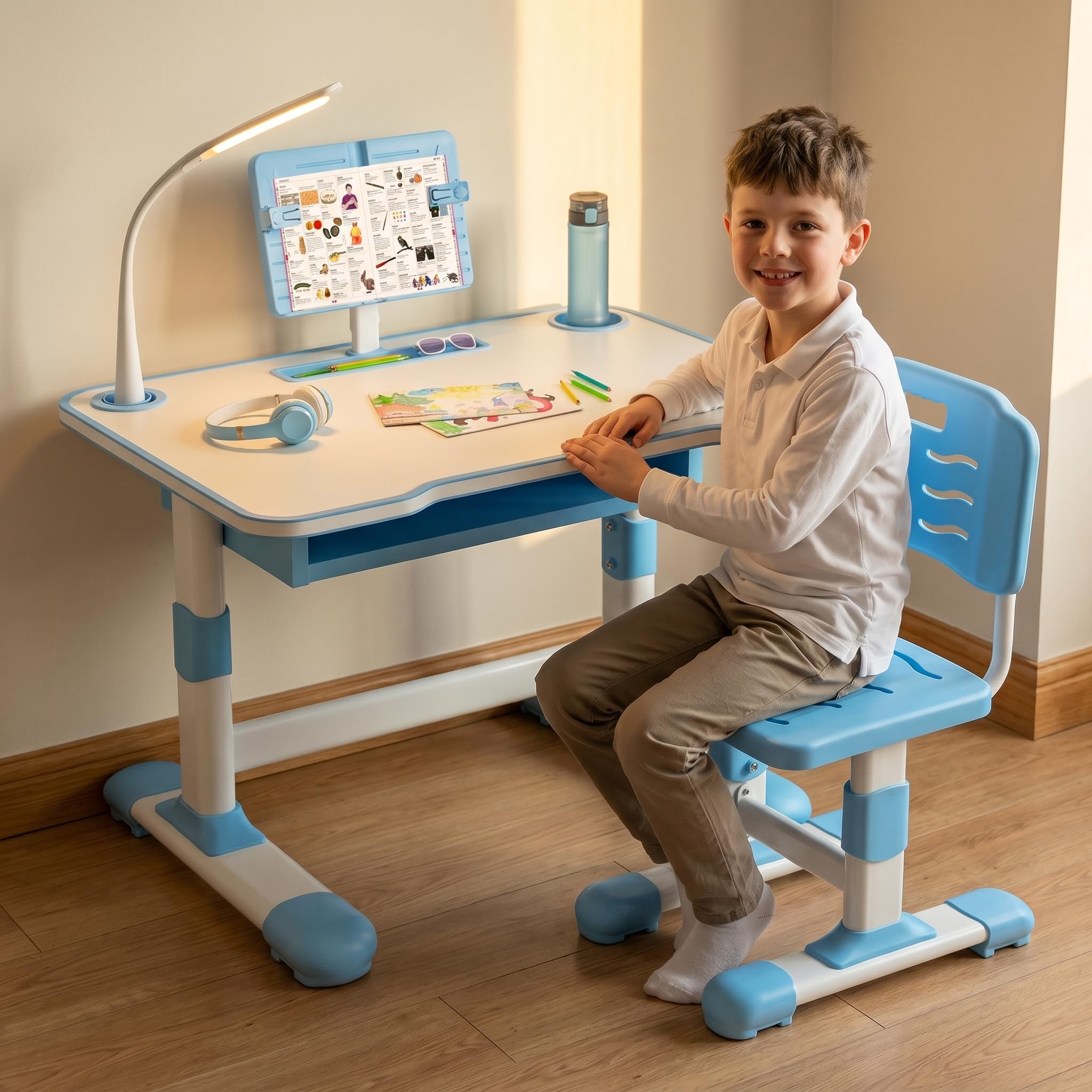 joukares Kids Desk and Chair Set, Height Adjustable Children’s Study Desk with Reading Stand, Large Drawer, LED Lamp for Homework, Reading, Drawing, Kids Bedroom Learning Station