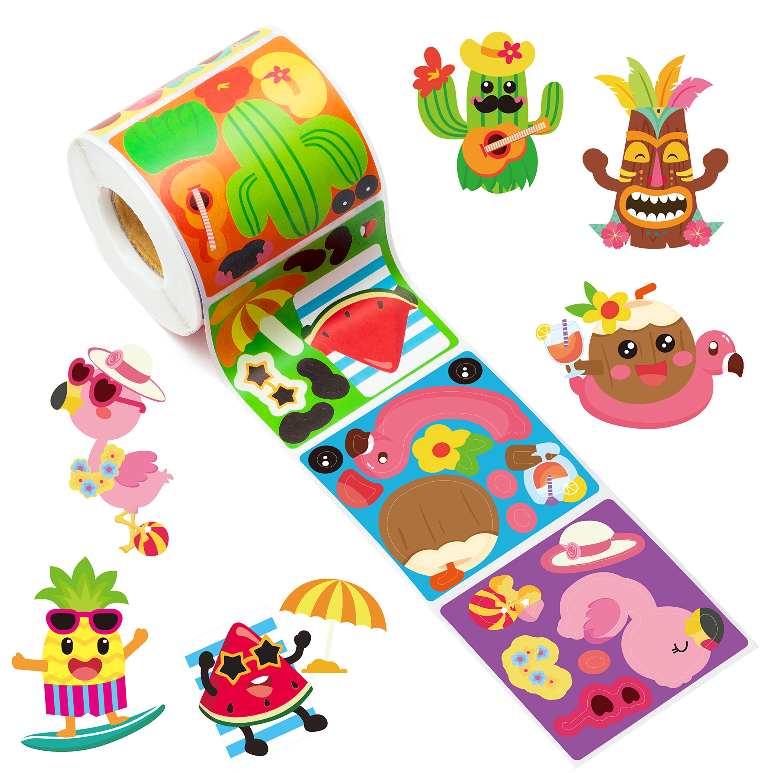 Photo 1 of Haooryx 300PCS Hawaii Make A Face Stickers Scene Roll Make Your Own Pineapple Flamingo Sticker Summer Beach Mix and Match Sticker Game for Kid School Reward Tropical Luau Party Favors DIY Paper Craft
