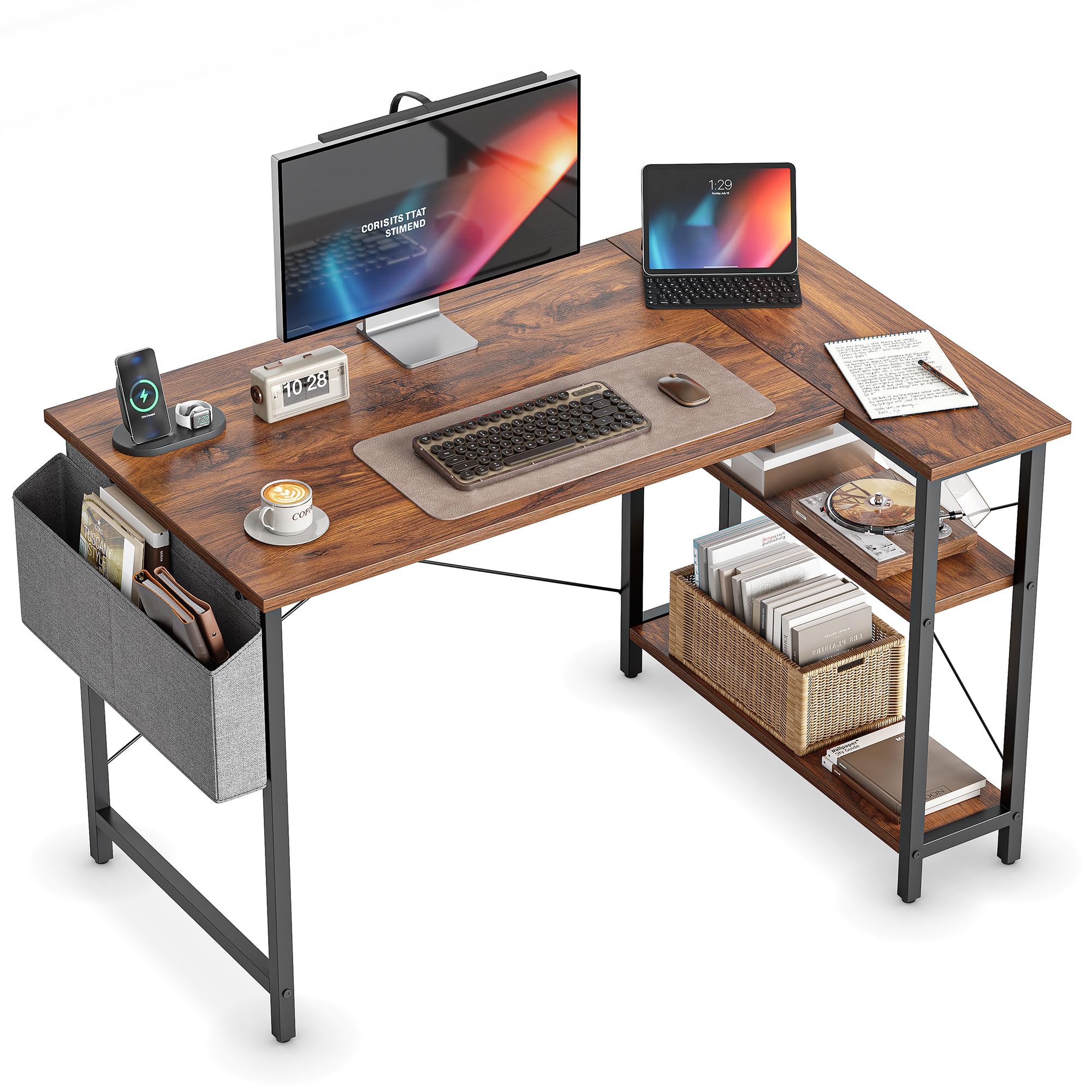 CubiCubi L Shaped Desk, 40" Computer Desk with Reversible Storage Shelves Home Office Corner Desk Study Writing Gaming Table, Brown