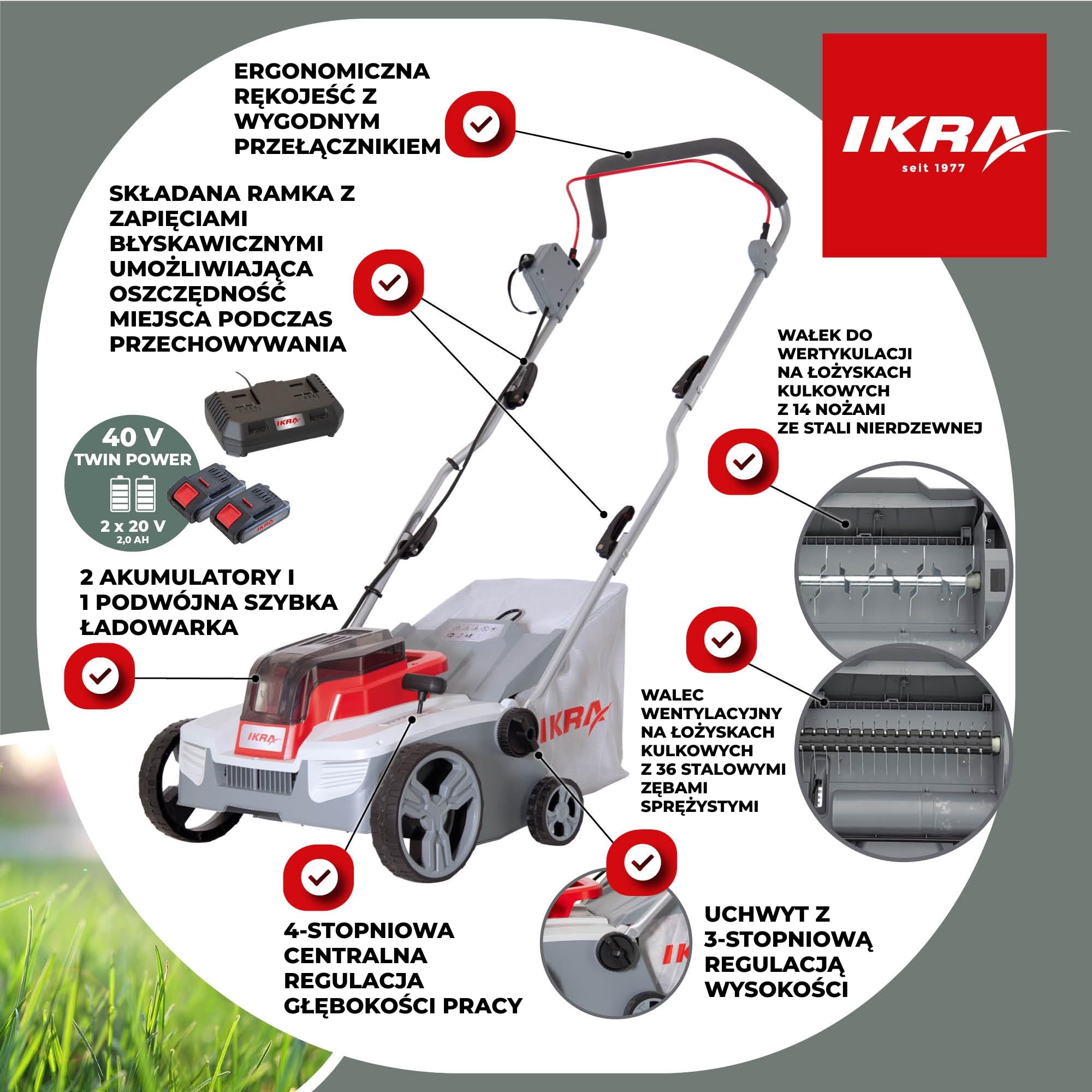IKRA Wertykulator i aerator akumulatorowy 3in1 IAVL 2-2032, szerokość 32 cm | 2 akumulatory 20V 2,0 Ah i szybka ładowarka, kosz 30 l, głębokość robocza od +3 do -9 mm, beznarzędziowa wymiana wałka