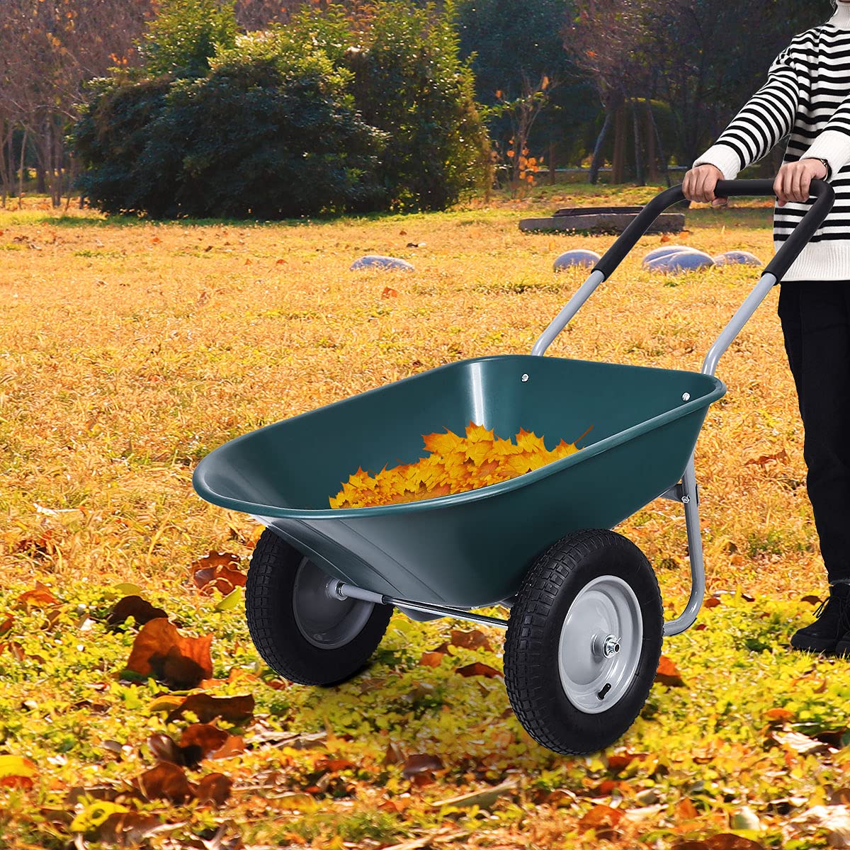 GOPLUS Schiebkarre, Schubkarre mit 2 Luftreifen mit Metall Felge & PP Wanne & Softgrip-Griffe, Bauschubkarre mit Tragkraft, für pferdemist & Erde & Werkzeug, für Garten & Stall (Grün)