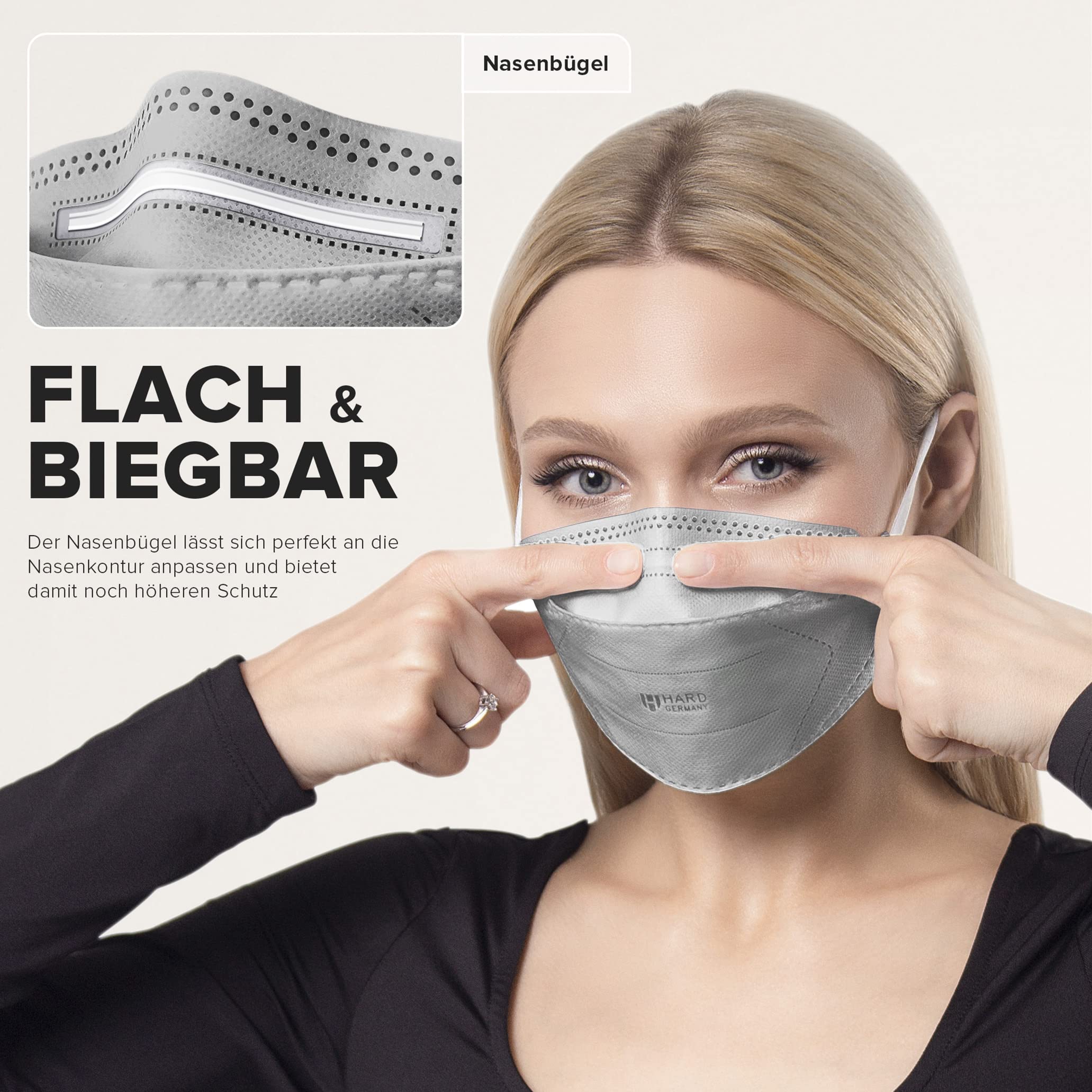 HARD Mascarillas FFP2 | protector bucal | protección respiratoria | respirador | Amigable con la piel - Transpirabl | Tamaño: Standard - embalaje individual-Gris Scuro - 20 piezas