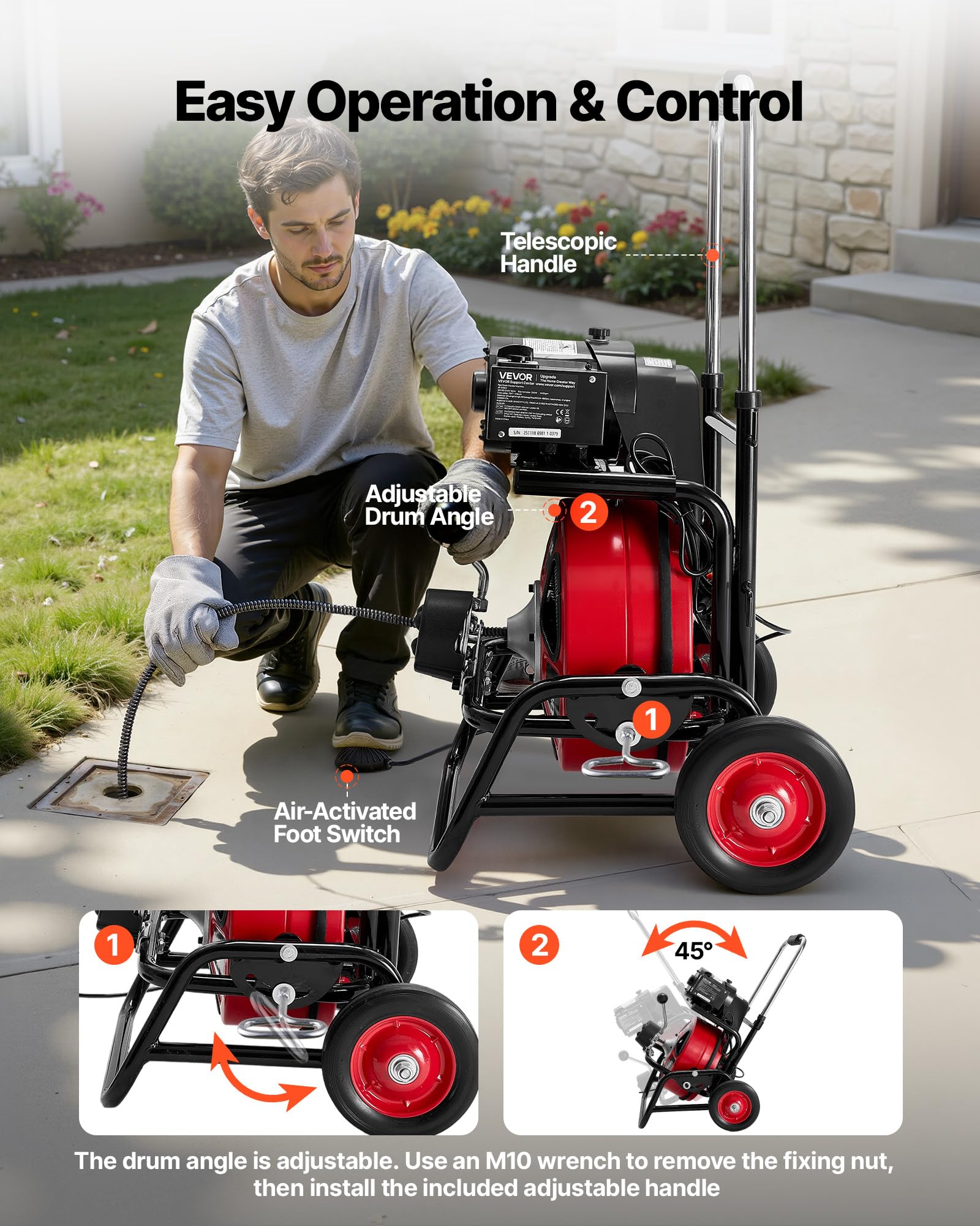 VEVOR Máquina de Limpieza de Desagües 30 m x 12,7 mm, Máquina de Limpieza de Tuberías con Alimentación Automática y Ruedas, Tambor Ajustable, 8 Cortadores y Pedal Neumático, para Tubos de 50-150 mm