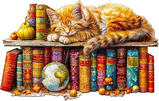 Wooden Puzzles for Adults, Dreamy Tabby Cat Wooden Jigsaw Puzzles for Adults, Library Kitten Wood Puzzles Adult, Unique Animal Shape, Gifts for Cat Lovers & Friends, Home Decor S-8.5 * 5.4in-100pcs