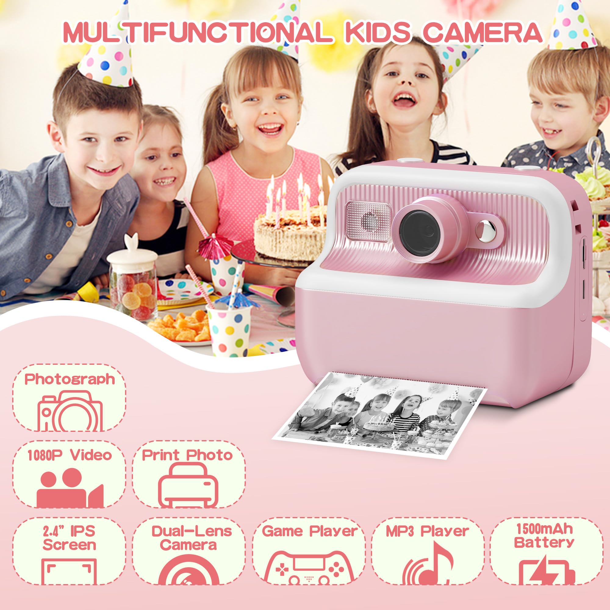 Instant Print Camera for Kids, 1080 HD Dual-Lens Digital Camera with 3 Rolls Print Paper, Kids Camera Instant Print with Color Pens for DIY, Portable Toy for Girls Boys 3-12 Years Old, Pink