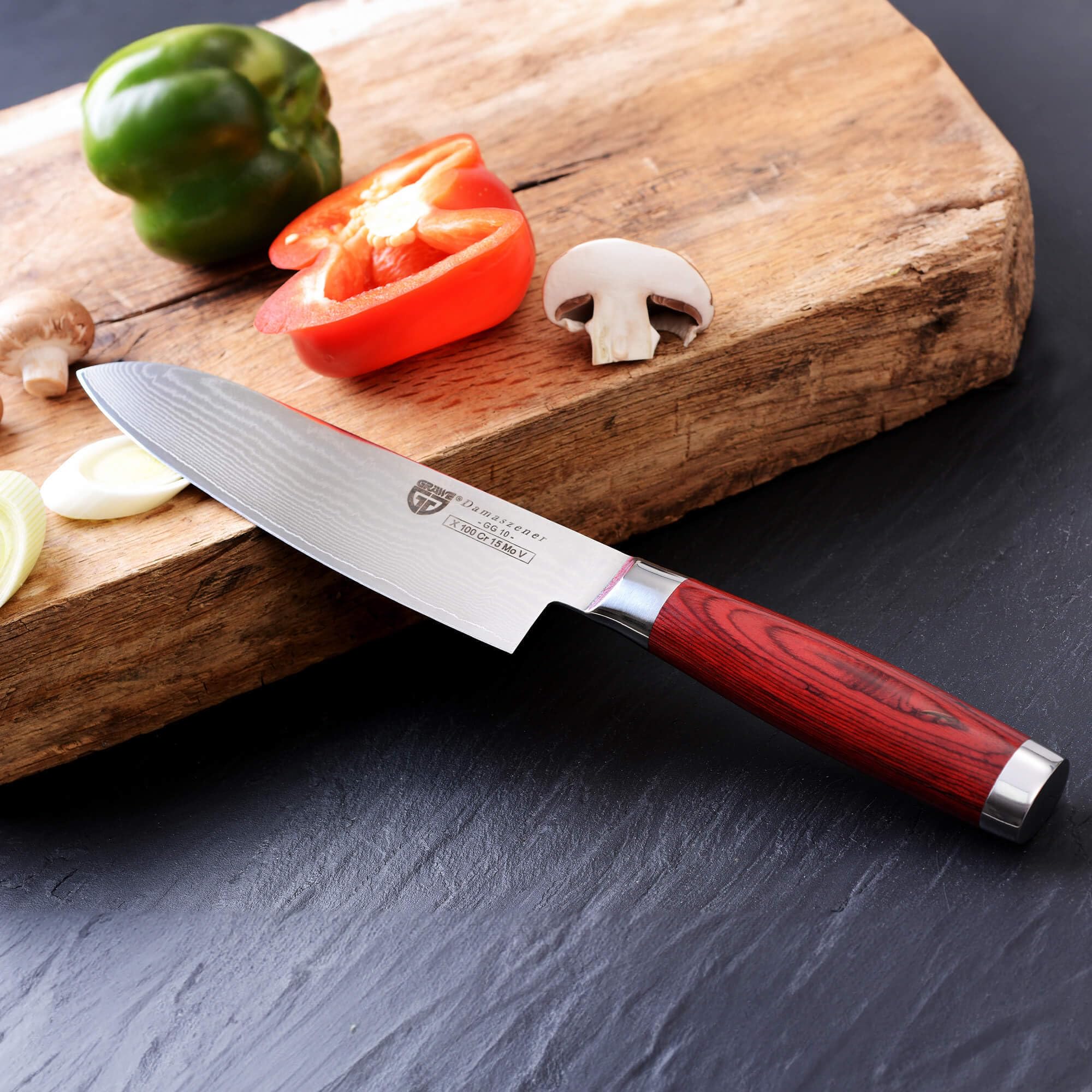 GRÄWE Juego de 4 cuchillos de Damasco Pakkawood, cuchillos de cocina profesionales: cuchillo multiusos Santoku, cuchillo de chef y fileteador, cuchillas afiladas, acero damasco de 66 capas, mango