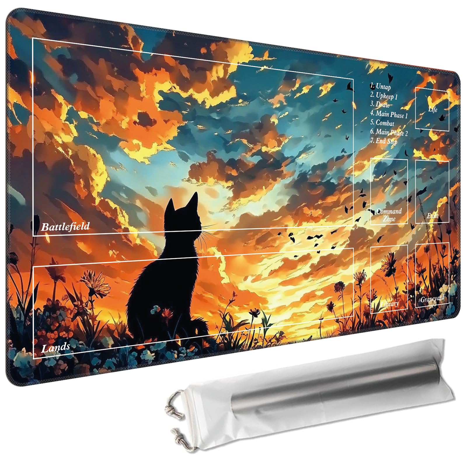 Cdkfxjy MTG Playmat with Magic Zone 27.5 x 15.7in Includes Storage Bag,TCG Playmat with Soft Surface Premium Non-Slip Rubber Backing Stitched Edges Durable Gaming Mat,Cat Watching Sky