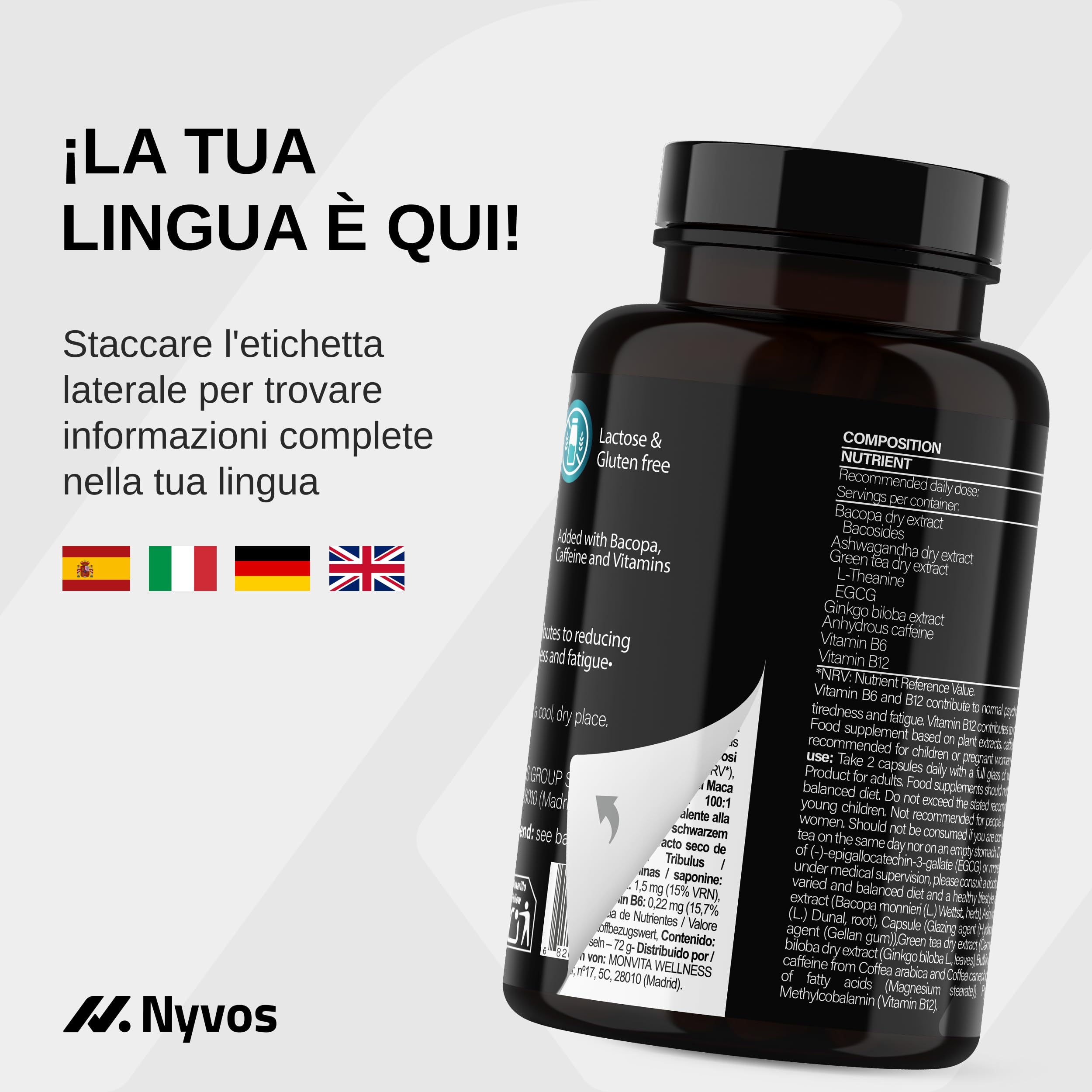 L Teanina, Ginkgo Biloba, Ashwagandha – Nootropico con Bacopa Monnieri, caffeina naturale, vitamine B6 & B12 ad alto dosaggio | Focus, concentrazione & energia senza nervosismo | 90 capsule vegane