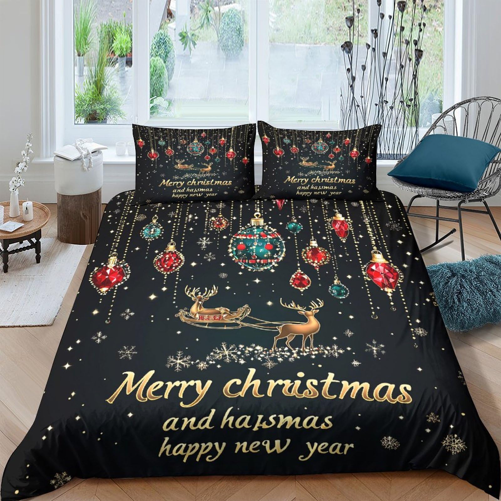 Ctjqhvkz Style-7 3D Printed Christmas Reindeer Fitted Sheet Microfiber Soft Black Snowflake Bed Sheet For Bedroom Guest Room Decor Single（135X200cm）