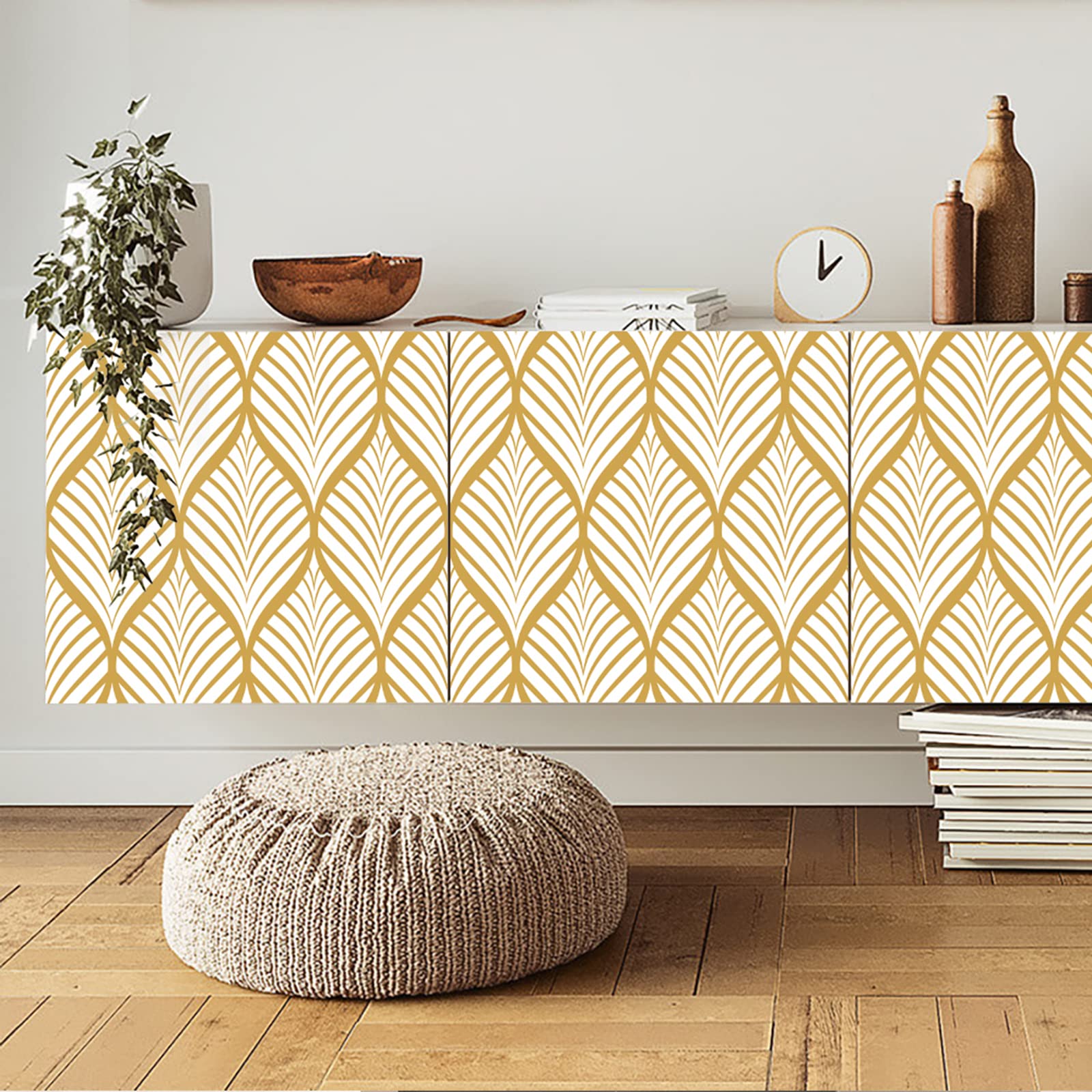 Papel Pintado Moderno Amarillo Adhesivo de Pared Autoadhesivo Impermeable con Diseño Geométrico de Rayas Doradas Para Baño Sala de Estar Dormitorio Decoración de Puerta de Cocina 44,5x1000cm
