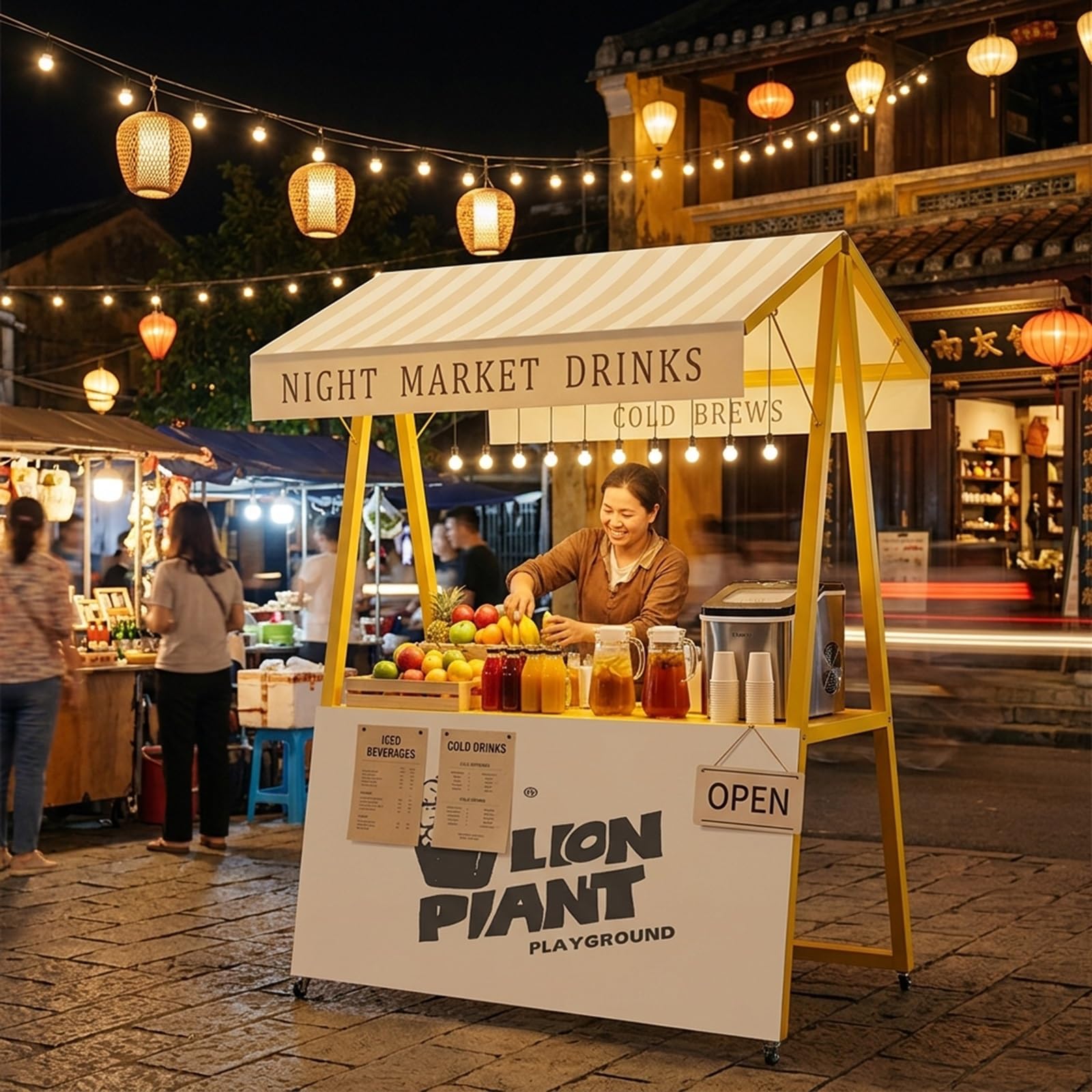 Carretto ambulante portatile con tettoia, Banco/Stand in ferro su ruote per mercati agricoli, Chiosco pieghevole la vendita di dolci – per mercati contadini e fiere dell'artigianato(Green)