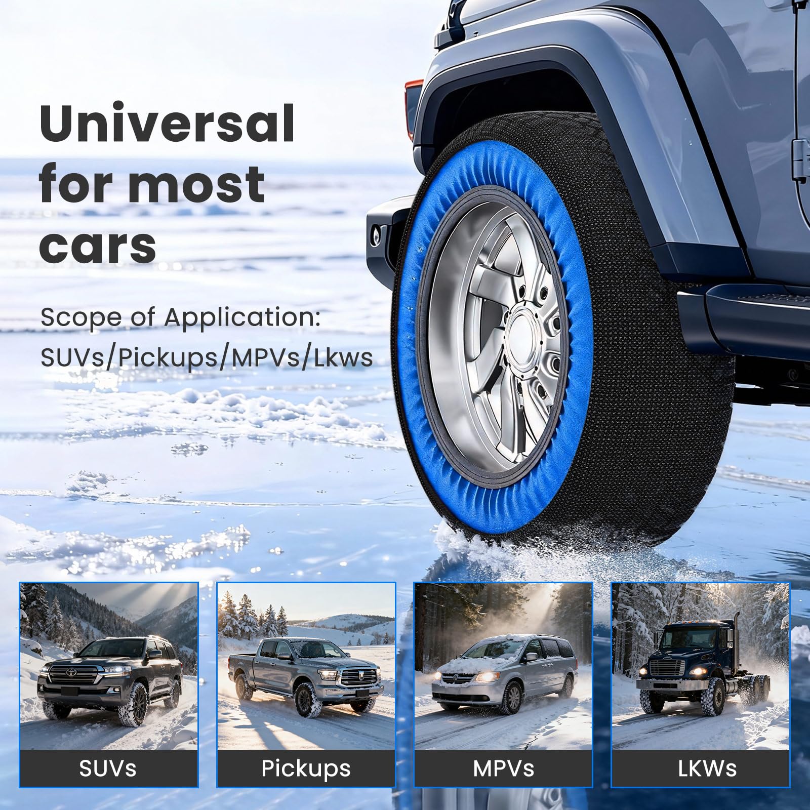 Calcetines de nieve para coche, 2 unidades, textiles para neumáticos de tamaños R14-R24, excelente agarre, cadena de nieve textil con guantes y bolsa de almacenamiento para carreteras difíciles